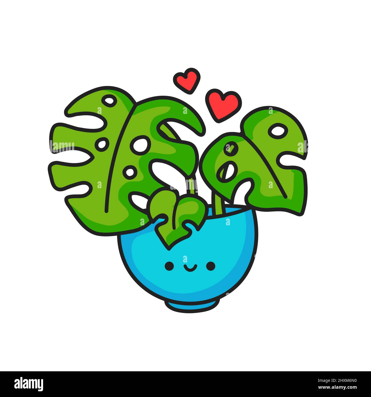 Nette glücklich lustige Monstera Pflanze im Topf. Vektor Cartoon Doodle Linie Figur Illustration Icon Design.isoliert auf weißem Hintergrund. Niedliche Cartoon-Monstera im Topf-Logo Stock Vektor