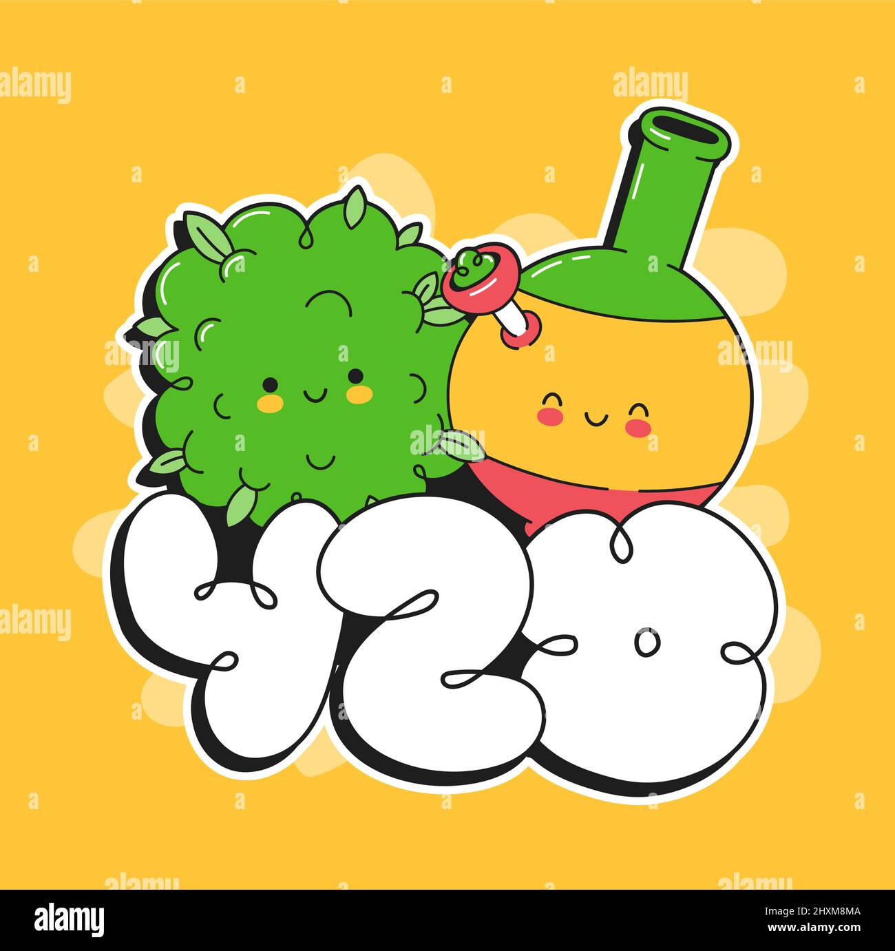 Nette glückliche lustige Unkrautknospe und Bong. 420-Nummern-T-Shier-Druck. Vektor Cartoon Figur Illustration Symbol Design. Marihuana, Rauchkraut, Cannabis, 420-Druck für T-Shirt, Logo, Poster, Stickerkonzept Stock Vektor