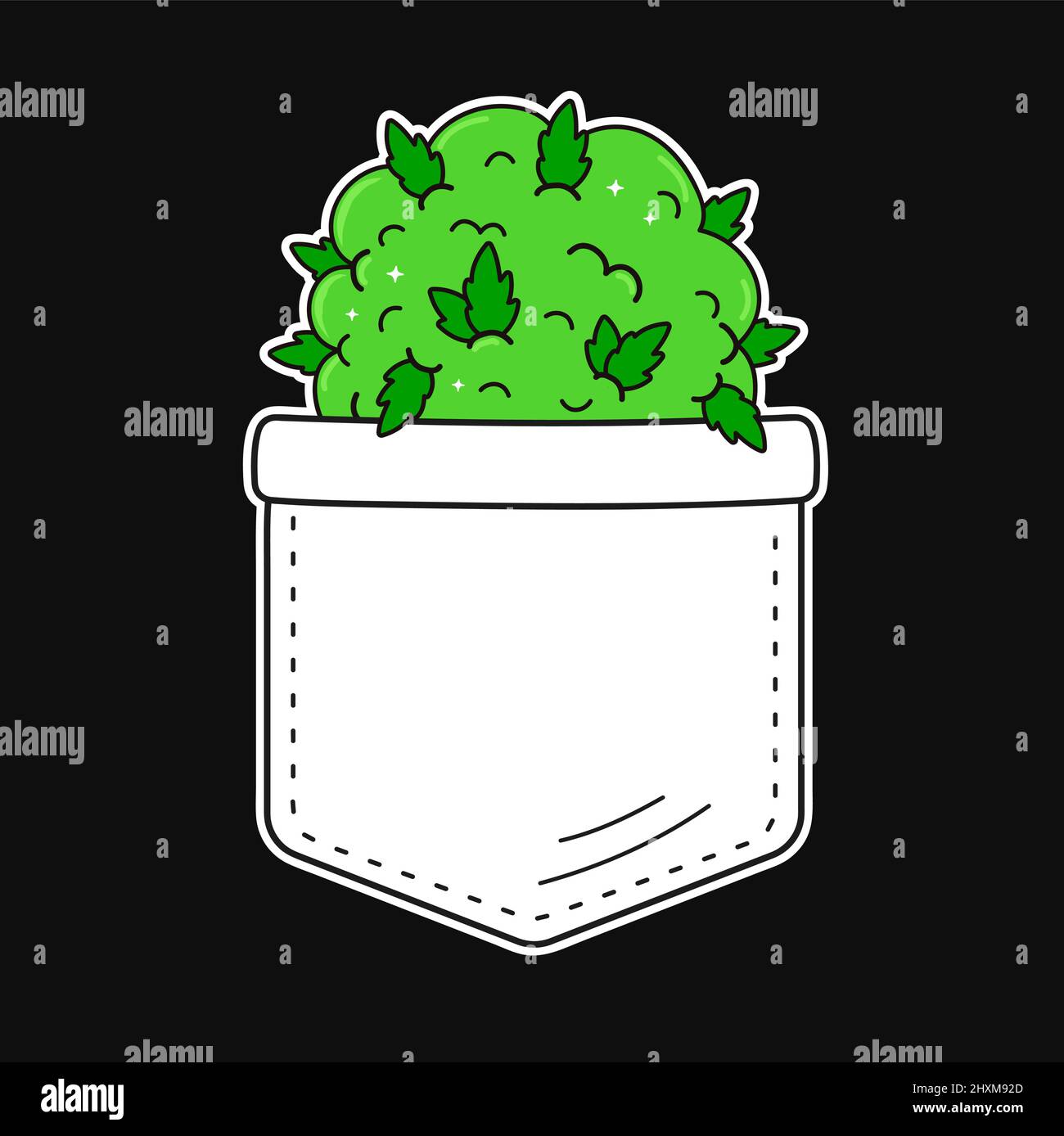 Unkraut Cannabis Knospe in Tasche T-Shirt-Print.Vektor Cartoon Doodle Linie Stil Charakter Logo Illustration Design.isoliert auf weißem Hintergrund. Marihuana-Unkrautdruck für Taschen-T-Shirt, Bekleidungskonzept Stock Vektor