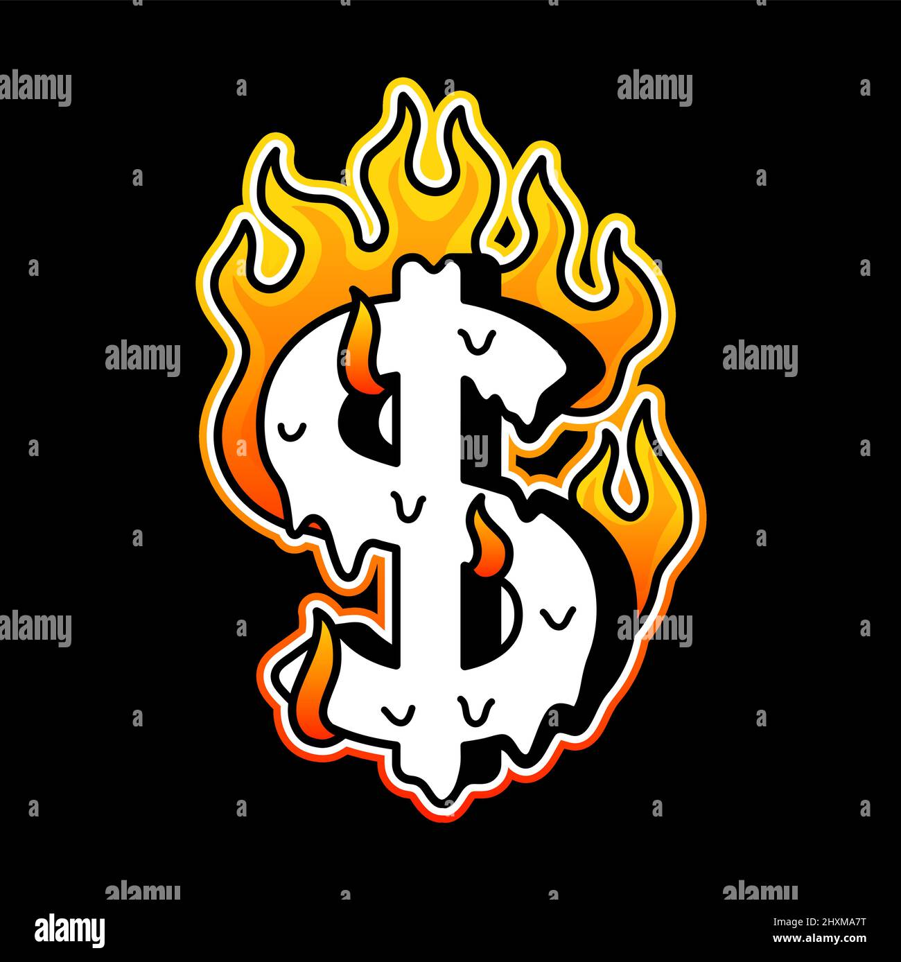 Dollar Symbol brennen im Feuer T-Shirt Print. Vektor Cartoon Grafik Illustration Logo Design.Money, Dollar, Feuer drucken für Poster, T-Shirt, Logo-Konzept Stock Vektor