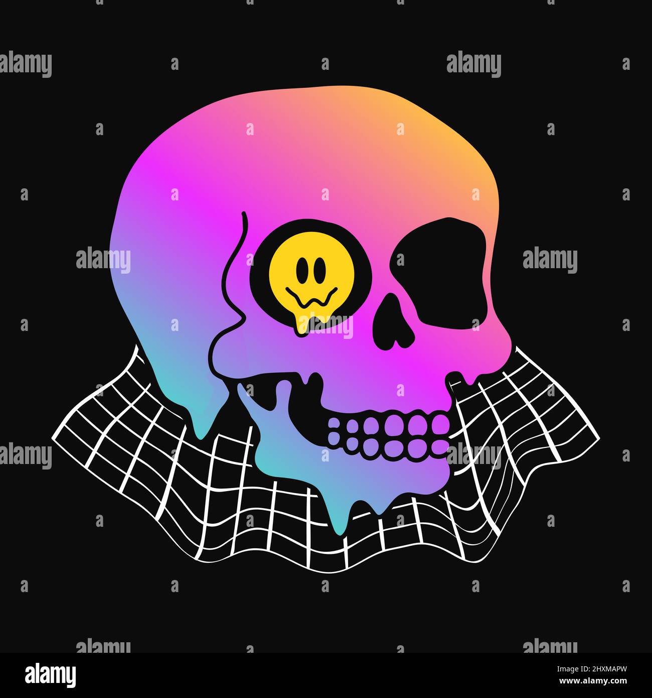 Psychedelischer, trippiger Totenkopf mit lächelndes Gesicht. Vektor Hand gezeichnete Doodle Linie Cartoon Figur Illustration. Psychedelisch, sauer, Totenkopf-Druck für T-Shirt, Poster, Aufkleber, Cover-Konzept Stock Vektor