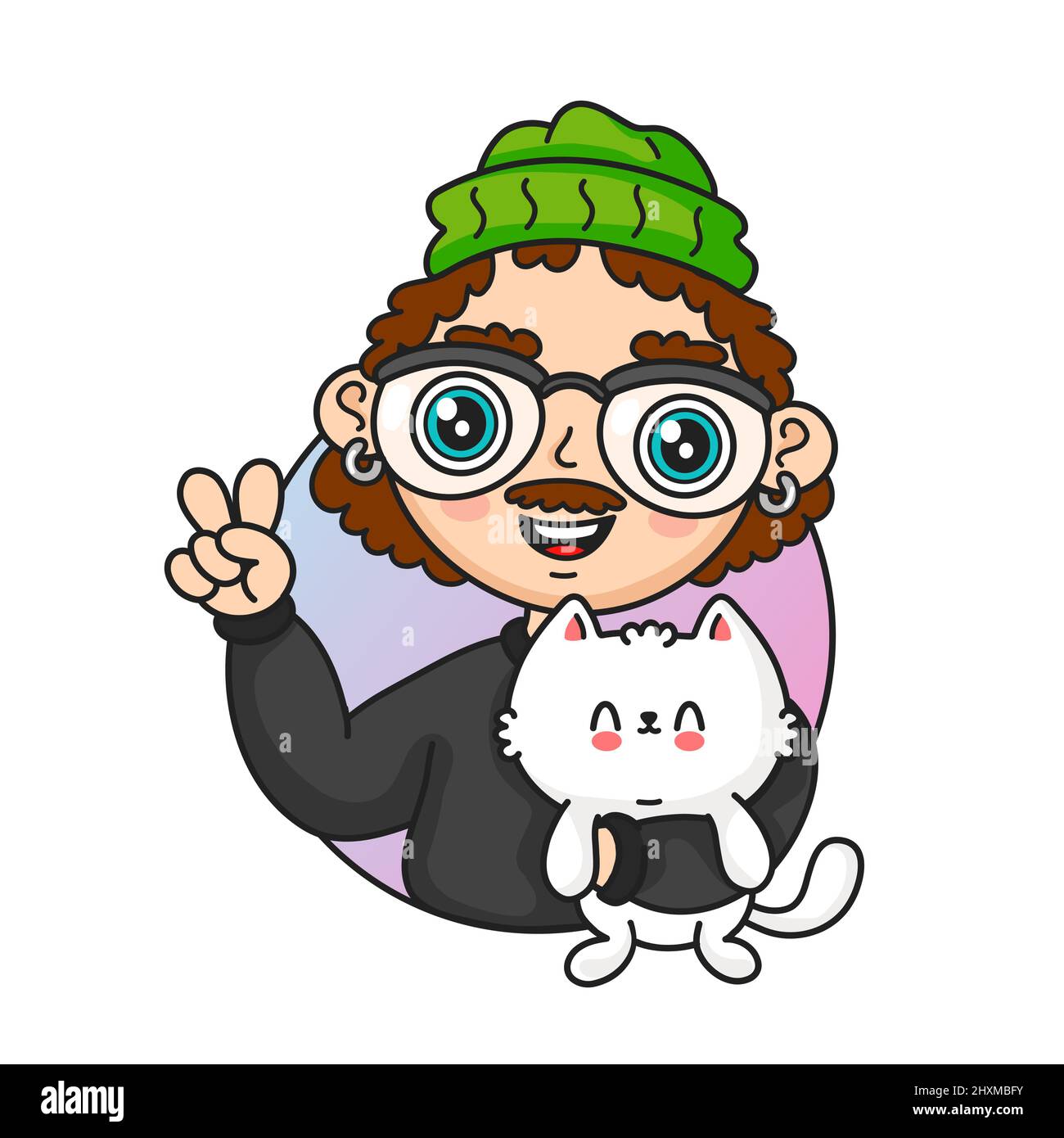 Netter junger Mann mit witziger Katze. Vektor kawaii Cartoon Figur Illustration Symbol. Isoliert auf weißem Hintergrund. Mann mit Katze, kitite Konzept Stock Vektor