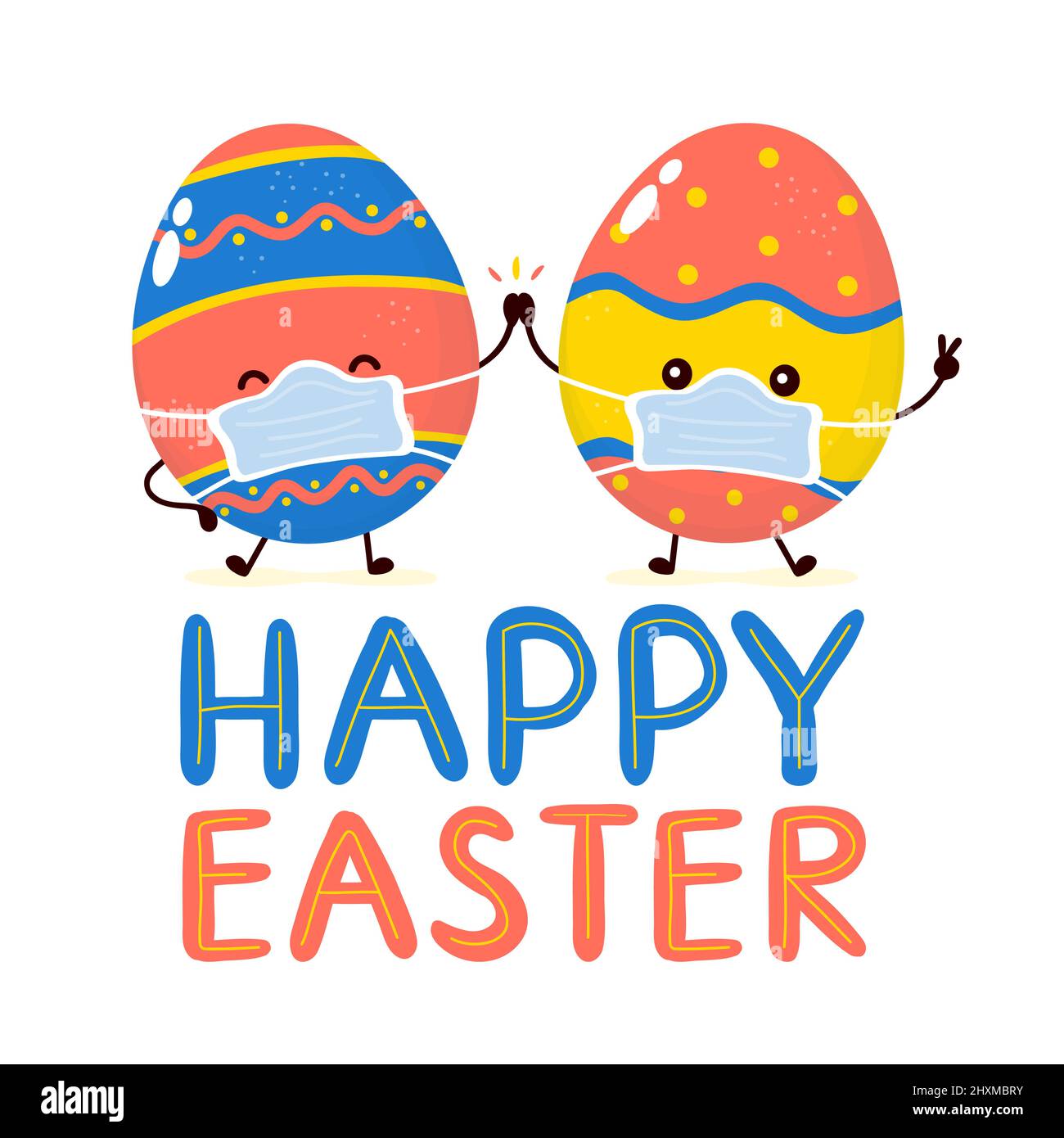 Niedliche glücklich lächelnde ostereier in medizinische Maske Charakter. Happy Easter Card.Vector flache Cartoon Illustration Icon Design. Isoliert auf weißem Hintergrund. Quarantäne Ostern, Corona Virus Konzept Stock Vektor