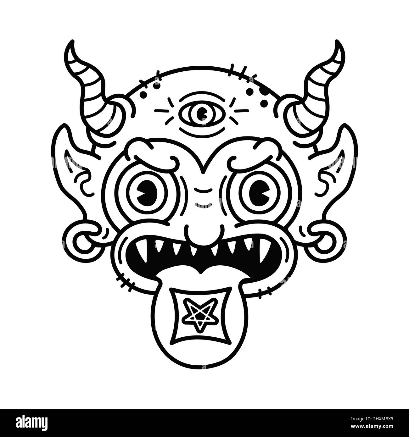 Teufel mit saurem lsd-Blotter-Zeichen auf Zunge-T-Shirt-Print. Vektor-Linie Kunst Seite für Malbuch. Dämon, Hörner, Satan, dreippiger psychedelischer Teufel, lsd-Säureprint für Poster, T-Shirt, Logo-Konzept Stock Vektor