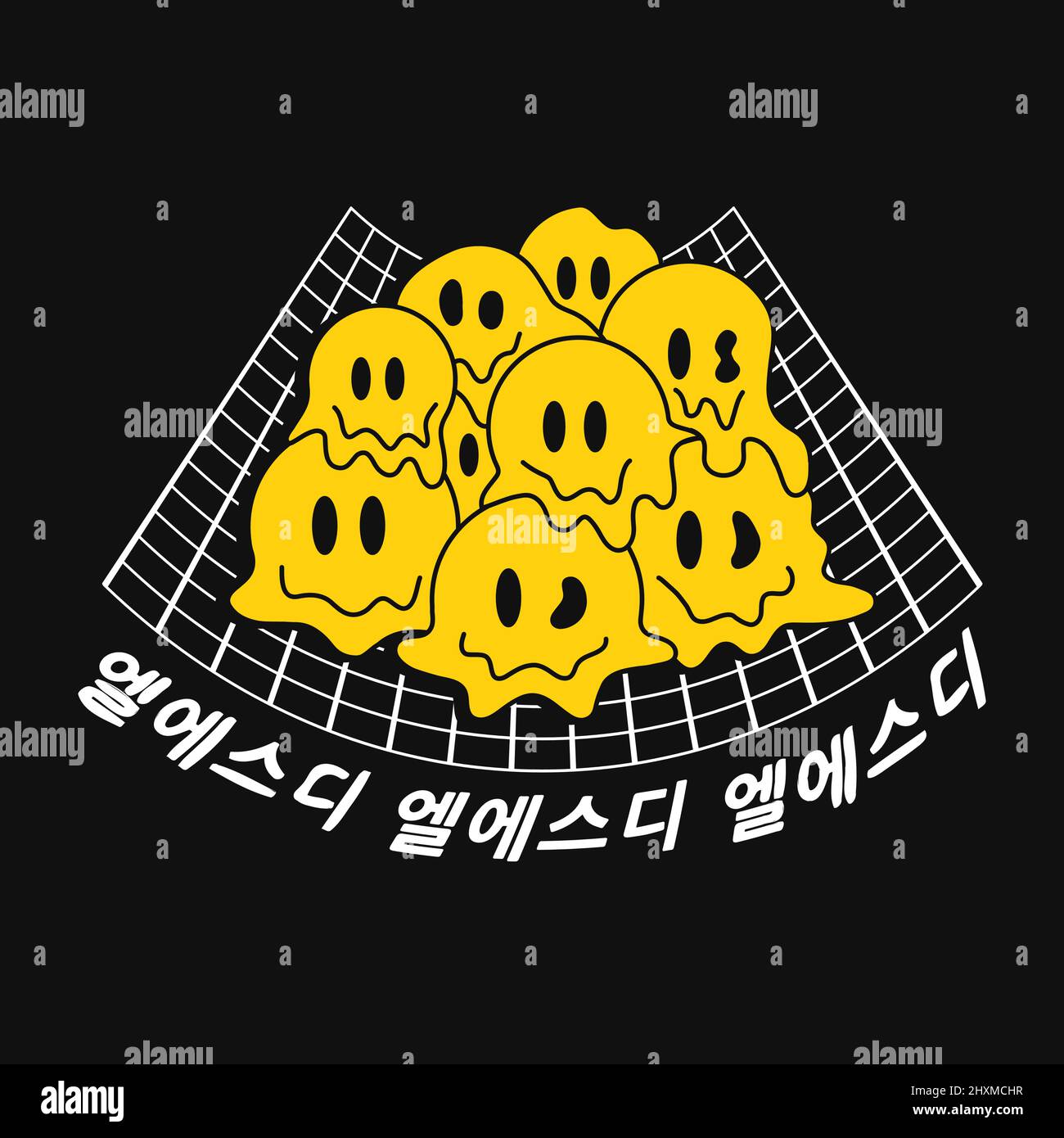 Deformierte Flex verzerrtes Raster, psychedelisch lächelndes Gesicht schmelzen. Koreanisches Zitat (LSD). Vektor Grafik Illustration. Psychedelisches Gitter, trippy Säure Gesicht, lsd-Druck für T-Shirt, Poster Illustration Konzept Stock Vektor