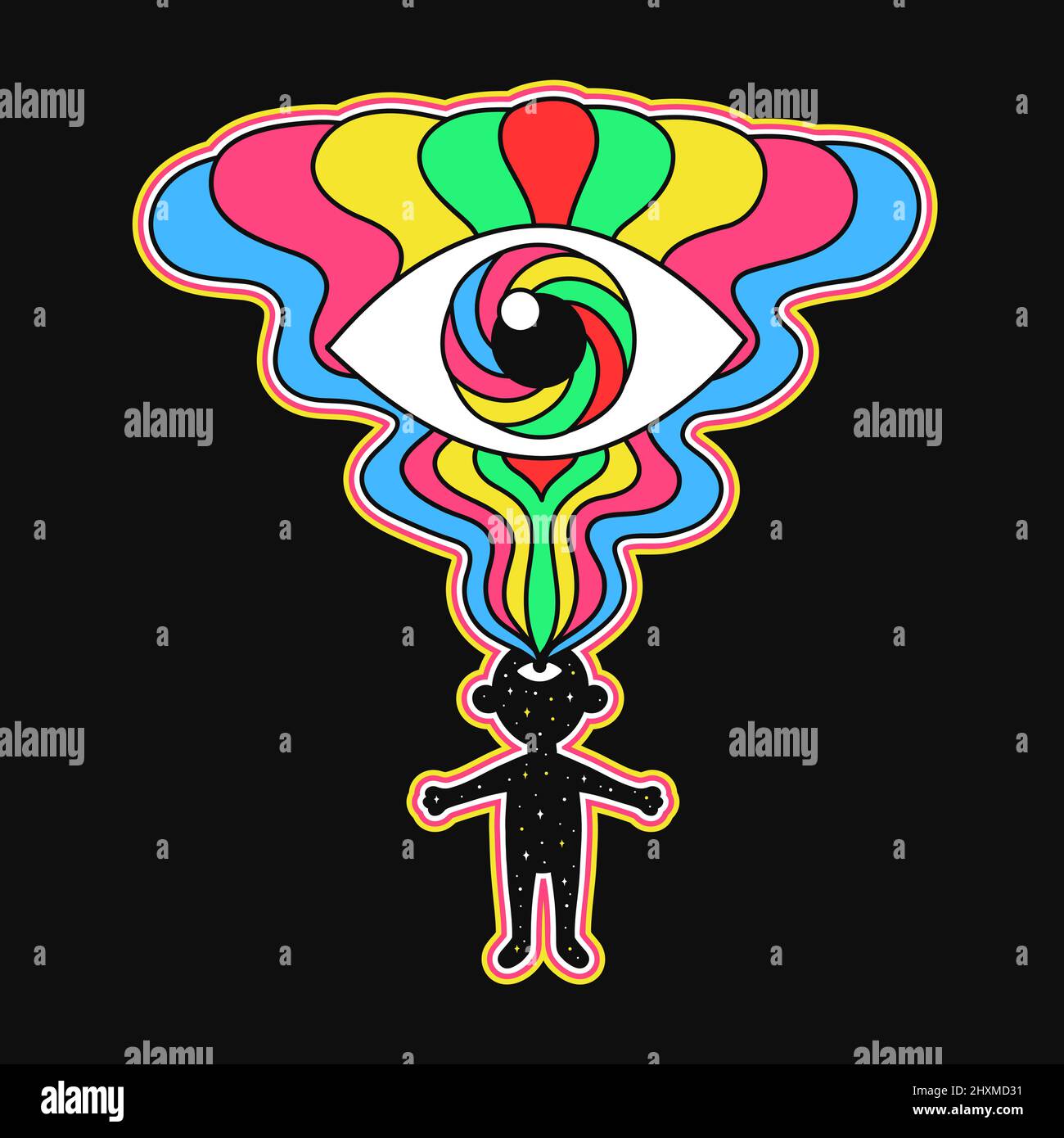 Netter Mann mit offenem dritten Auge. Vektor Hand gezeichnet Linie Cartoon Illustration. Trip, trippig, lsd, Säure, Aufdruck für T-Shirt mit offenem 3. Auge, Poster, Aufkleber, Logo-Konzept Stock Vektor