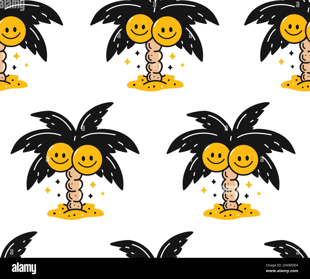 Palme mit lächelndem Gesicht, Paradise Kokosnuss nahtloses Muster. Vektor Doodle Stil Cartoon Figur Illustration. Handfläche, Lächeln Gesicht drucken Design für nahtlose Muster, Tapete, Backgound Konzept Stock Vektor