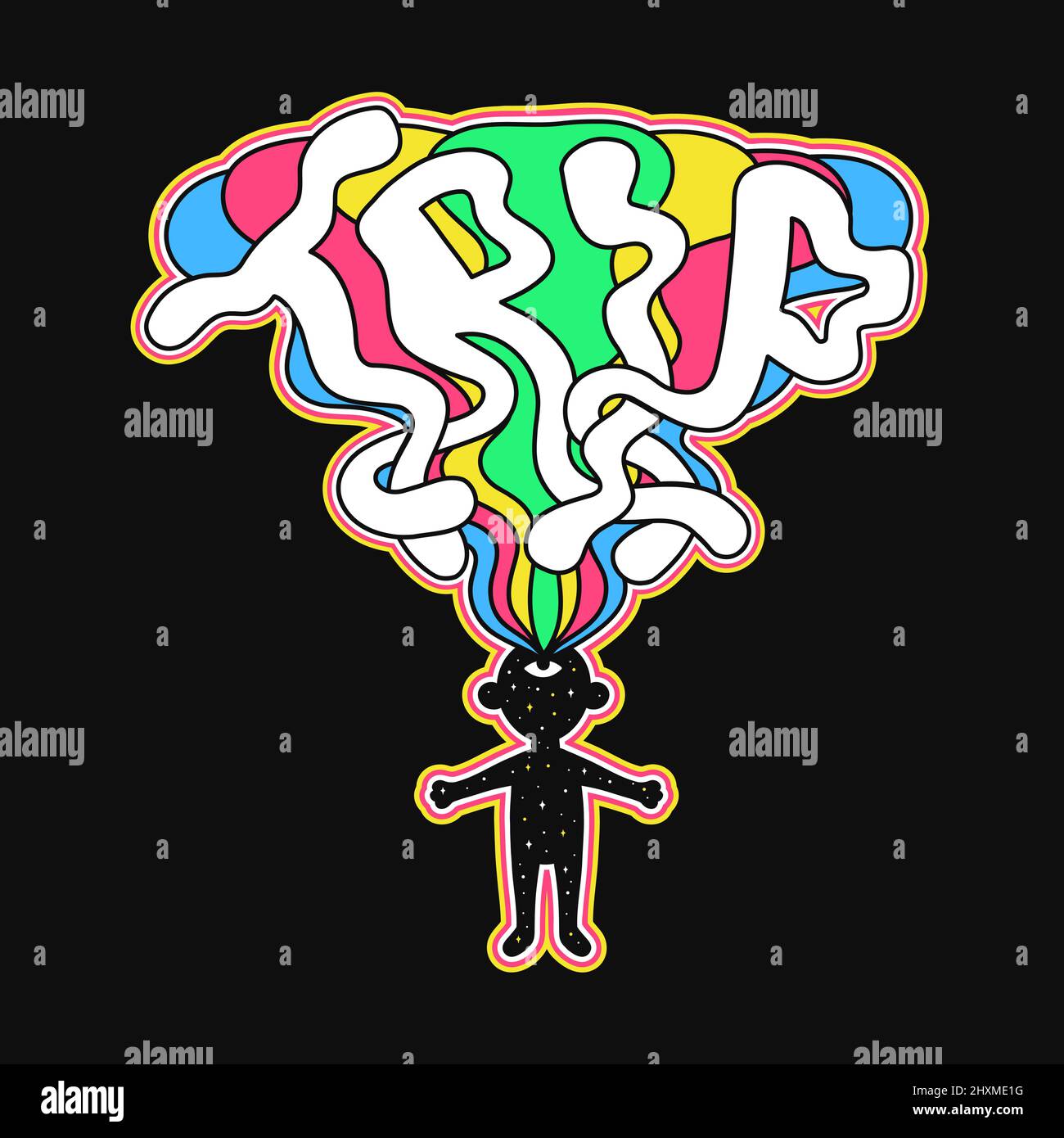 Netter Mann mit offenem dritten Auge. Reiseangebot. Vektor Hand gezeichnet Linie Cartoon Illustration. Trip, trippig, lsd, Säure, Aufdruck für T-Shirt mit offenem 3. Auge, Poster, Aufkleber, Logo-Konzept Stock Vektor
