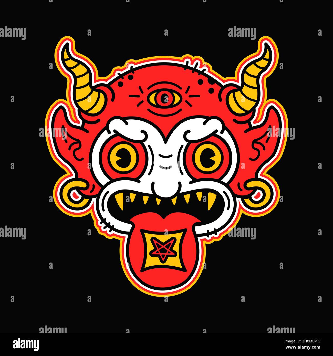 Teufel mit Säure lsd Blotter-Marke auf Zunge T-Shirt-Print.Vektor Cartoon Grafik Illustration Logo-Design. Dämon, Hörner, Satan, dreippiger psychedelischer Teufel, lsd-Säureprint für Poster, T-Shirt, Logo-Konzept Stock Vektor