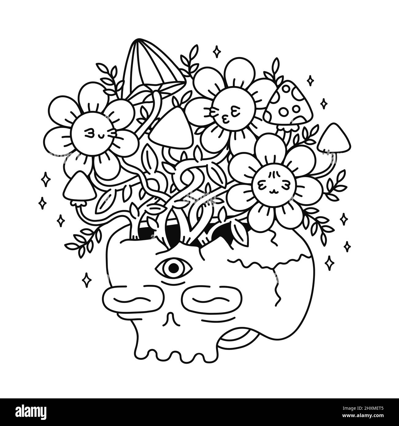 Totenkopf mit Mahagoni-Pilzen-T-Shirt-Print. Vektor-Linie Kunst Seite für Malbuch. Trippiger Schädel, magische Pilze wachsen, psychedelischer Druck für T-Shirt, Poster, Aufkleber, Logo-Konzept Stock Vektor