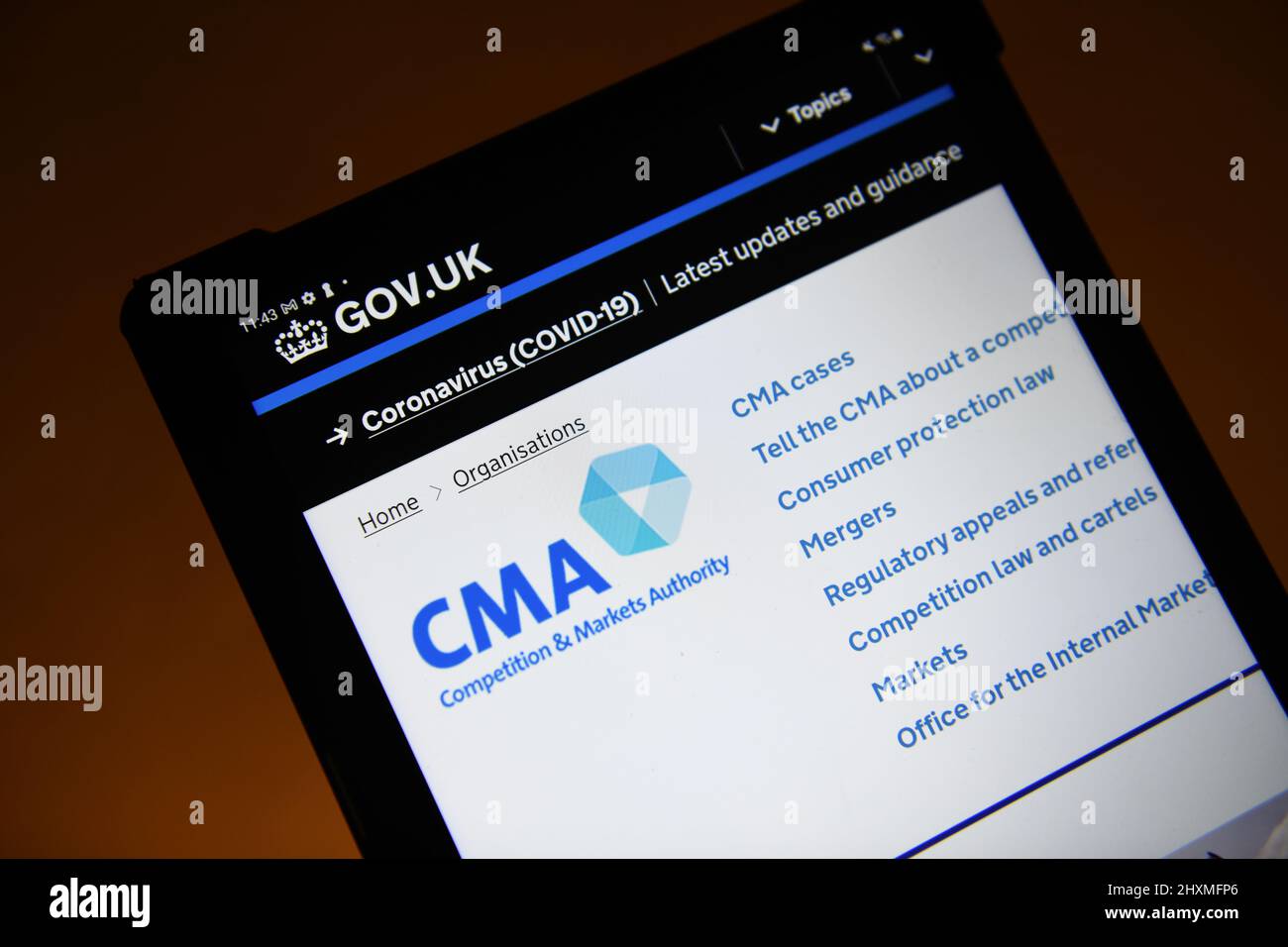 Die Website der Competition and Markets Authority (CMA) Stockfoto