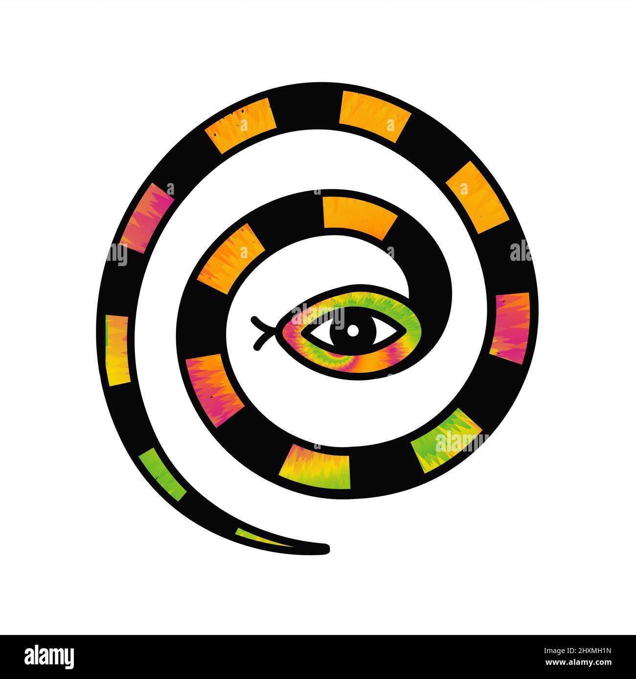 Schlange im Spiral-T-Shirt-Druck. Vektor Krawatte Farbstoff handgezeichnet Logo Cartoon Figur Illustration. Trippige Krawatte Farbstoff Schlange, psychedelisch, Spiraldruck für T-Shirt, Poster, Aufkleber, Logo-Konzept Stock Vektor