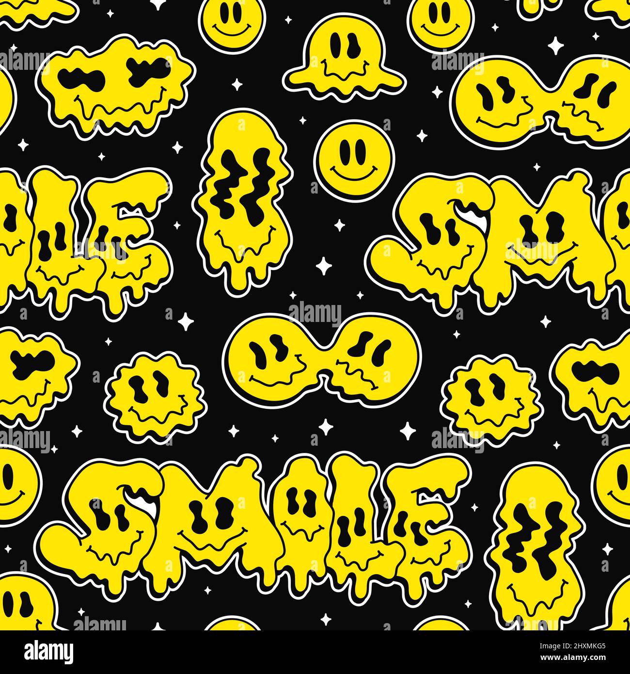 Lustige Schmelze Warp Lächeln Gesichter, psychedelische Emoji nahtlose pattern.Vector cool Cartoon Charakter illustrationSmile Gesichter Grafik, schmelzen, Säure, Drogen, 60s, 70s, 90s tripy nahtlose Muster Tapete Druckkunst Stock Vektor