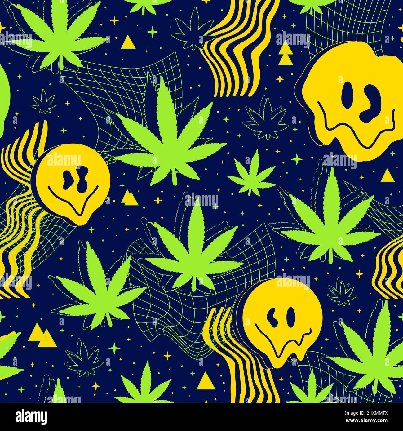 Deformiertes Flex verzerrtes Raster im Raum, Schmelzen Lächeln Gesicht, Unkraut Cannabisblatt nahtloses Muster. Vektor Grafik Illustration. Psychedelische Schmelzen Gitter, Verzerrung, Techno, Marihuana, Unkraut nahtlosen Musterdruck Stock Vektor