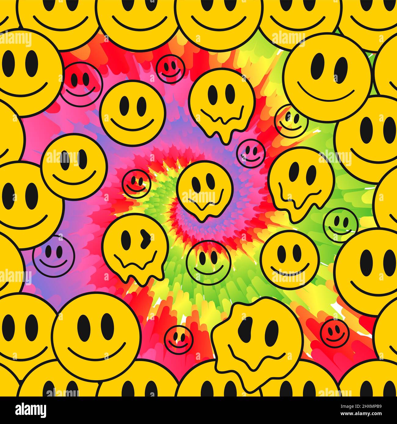Lustige verrückte Schmelze Lächeln Gesichter, Krawatte Farbstoff nahtlose Muster.Vektor Krawatte Farbstoff verrückt Cartoon Charakter Illustration.Smile Hippie Gesichter, 60s schmelzende Säure, tripy, Tiedye nahtlose Muster Tapete Druckkonzept Stock Vektor
