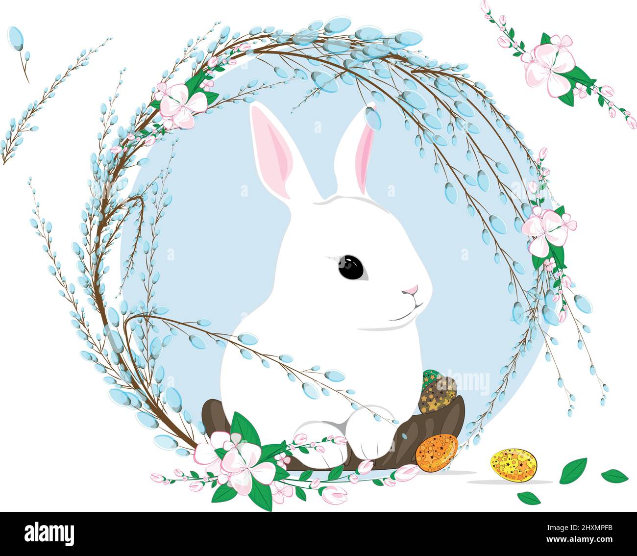 Niedliche Illustration des Osterhasen in den Zweigen der blühenden Weiden- und Apfelbaumblumen. Familien feiern gemeinsam Ostern. Frohe Ostern Gott Ble Stock Vektor