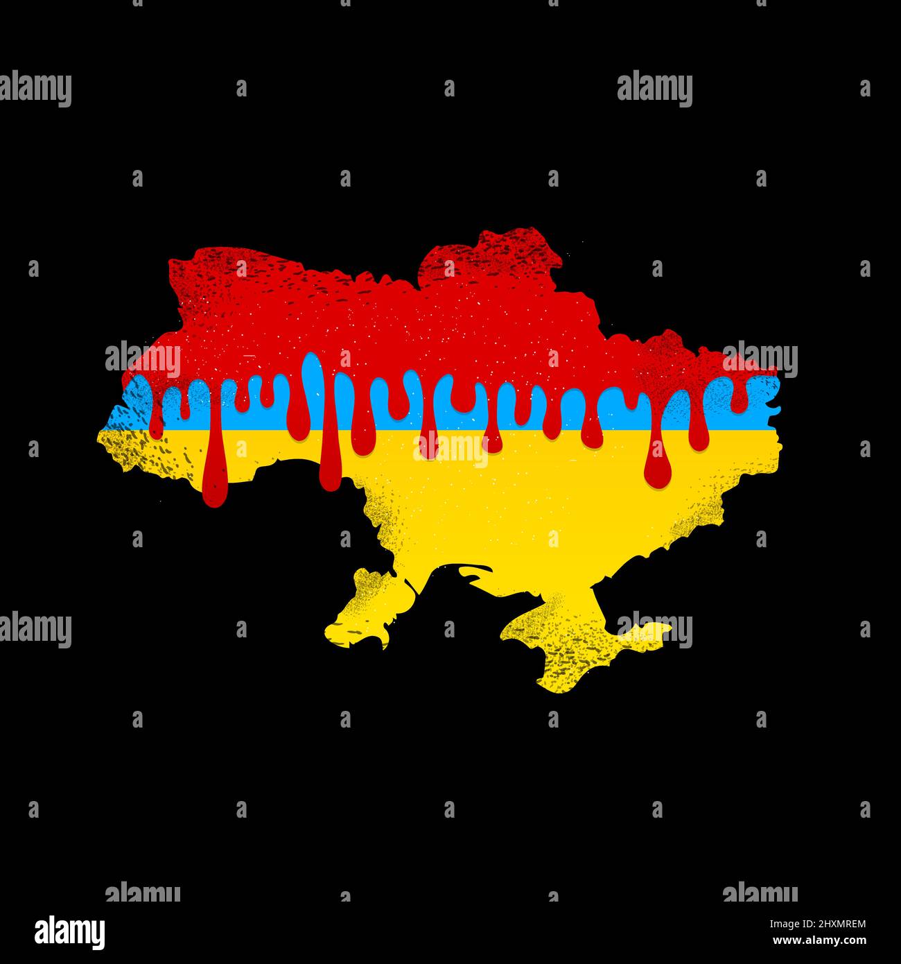 Karte der Ukraine im Blut. Konzept der russischen Kriegsagression in der Ukraine. Vektorgrafik handgezeichnetes Illustrationssymbol. Isoliert auf weißem Hintergrund. Vektorgrafik Stock Vektor