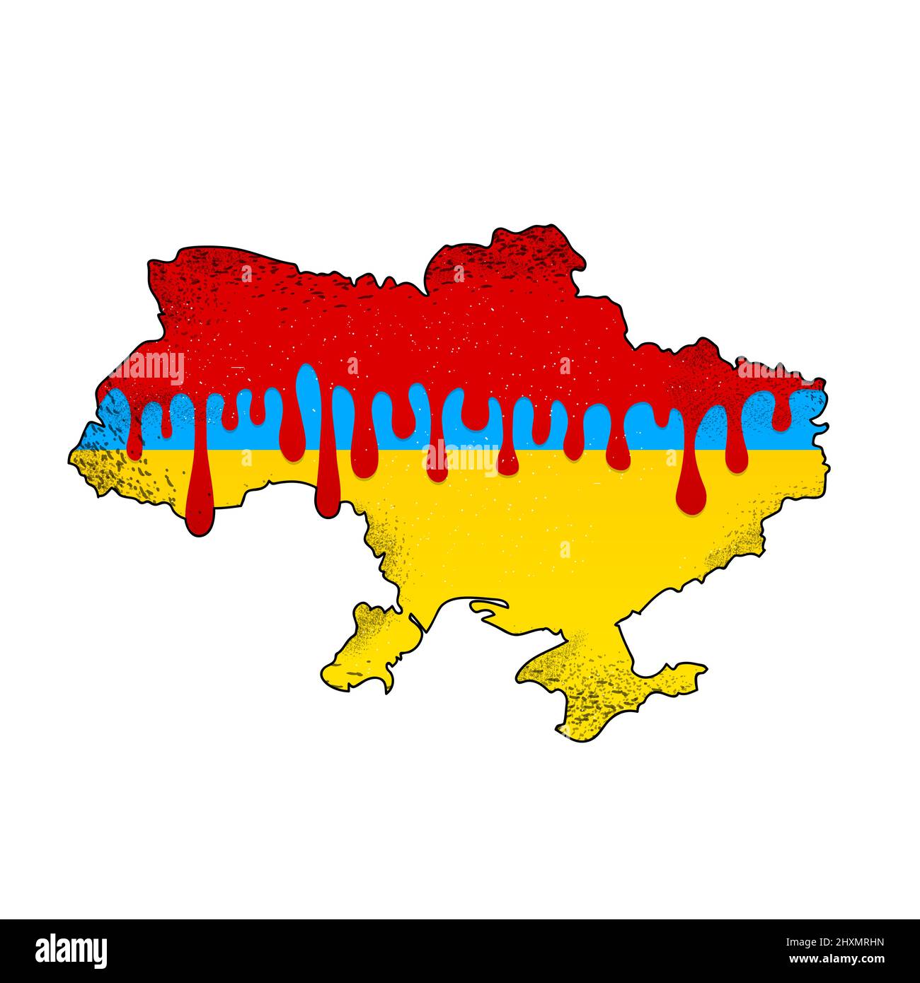 Karte der Ukraine im Blut. Konzept der russischen Kriegsagression in der Ukraine. Vektorgrafik handgezeichnetes Illustrationssymbol. Isoliert auf weißem Hintergrund Stock Vektor