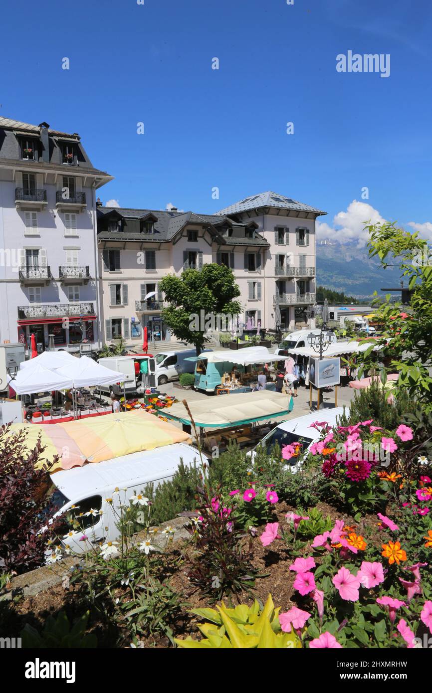 Marché. Saint-Gervais-les-Bains. Haute-Savoie. Auvergne-Rhône-Alpes. Frankreich Stockfoto