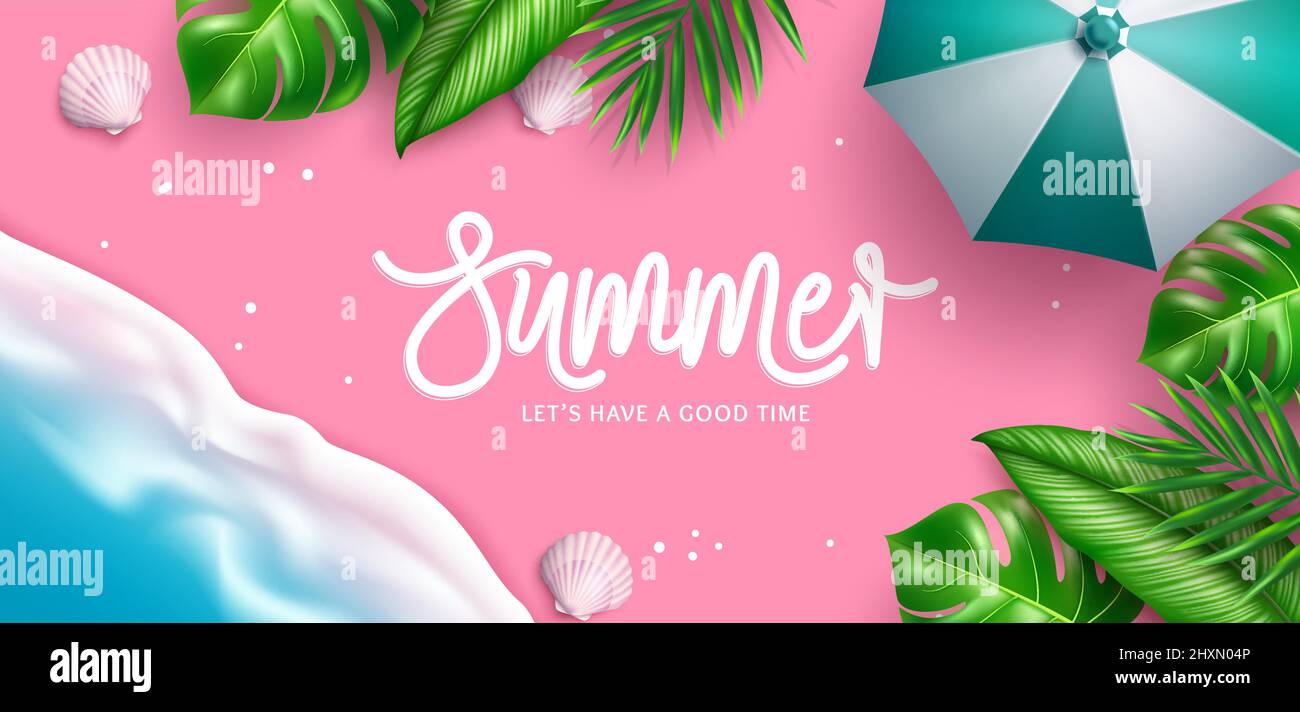 Sommer Vektor Hintergrund Design. Sommer Typografie Text in rosa Sand Küste mit tropischen Blättern und Regenschirm-Elemente für Entspannung und genießen Saison. Stock Vektor