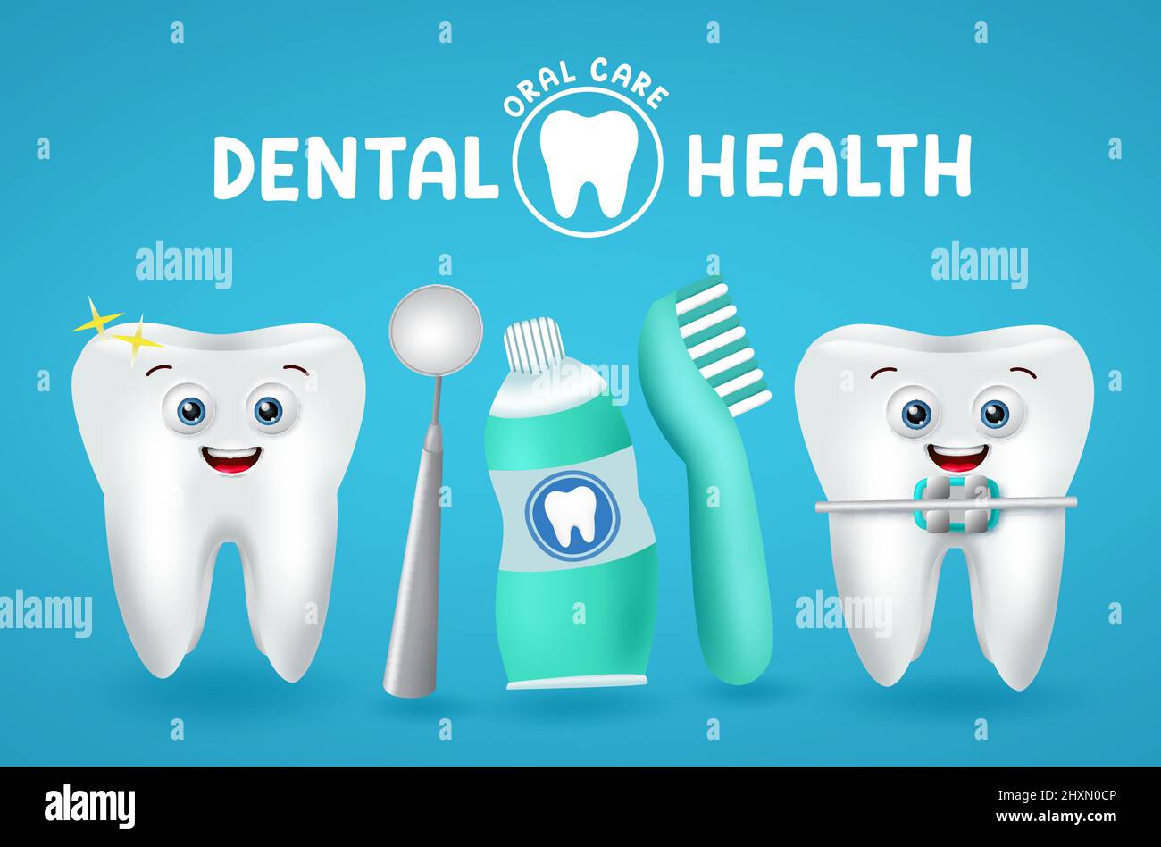 Zahngesundheit Emoji Vektor-Design. Zahngesundheit Text mit Zähnen Emoticon Zeichen, Zahnpasta und Zahnbürstenelemente für gesunde Mundhygiene Pflege. Stock Vektor
