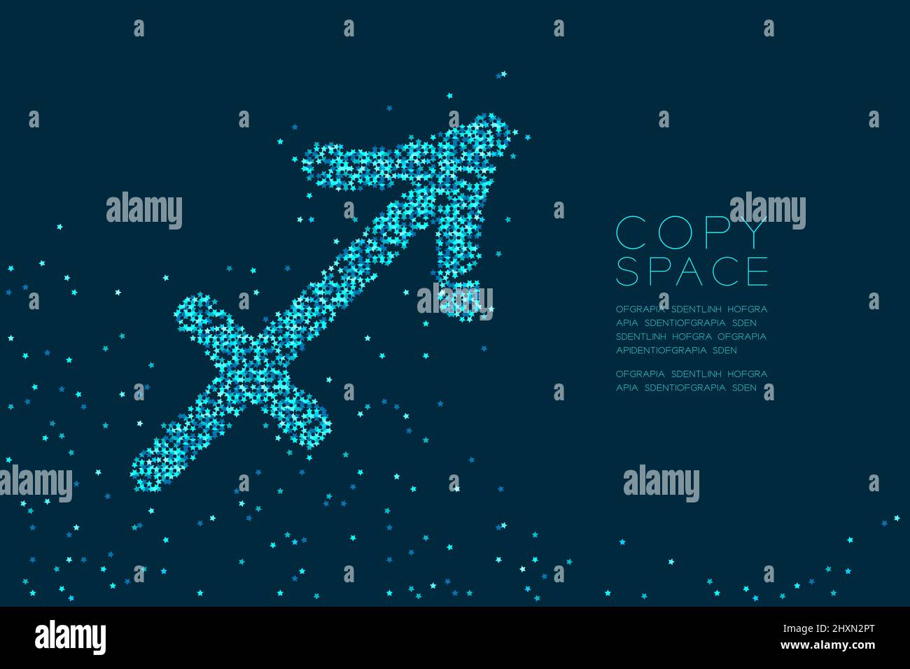 Abstrakt Sternmuster Schütze Sternzeichen-Form, Sternbild Konzeptdesign blaue Farbdarstellung isoliert auf dunkelblauem Hintergrund mit c Stock Vektor