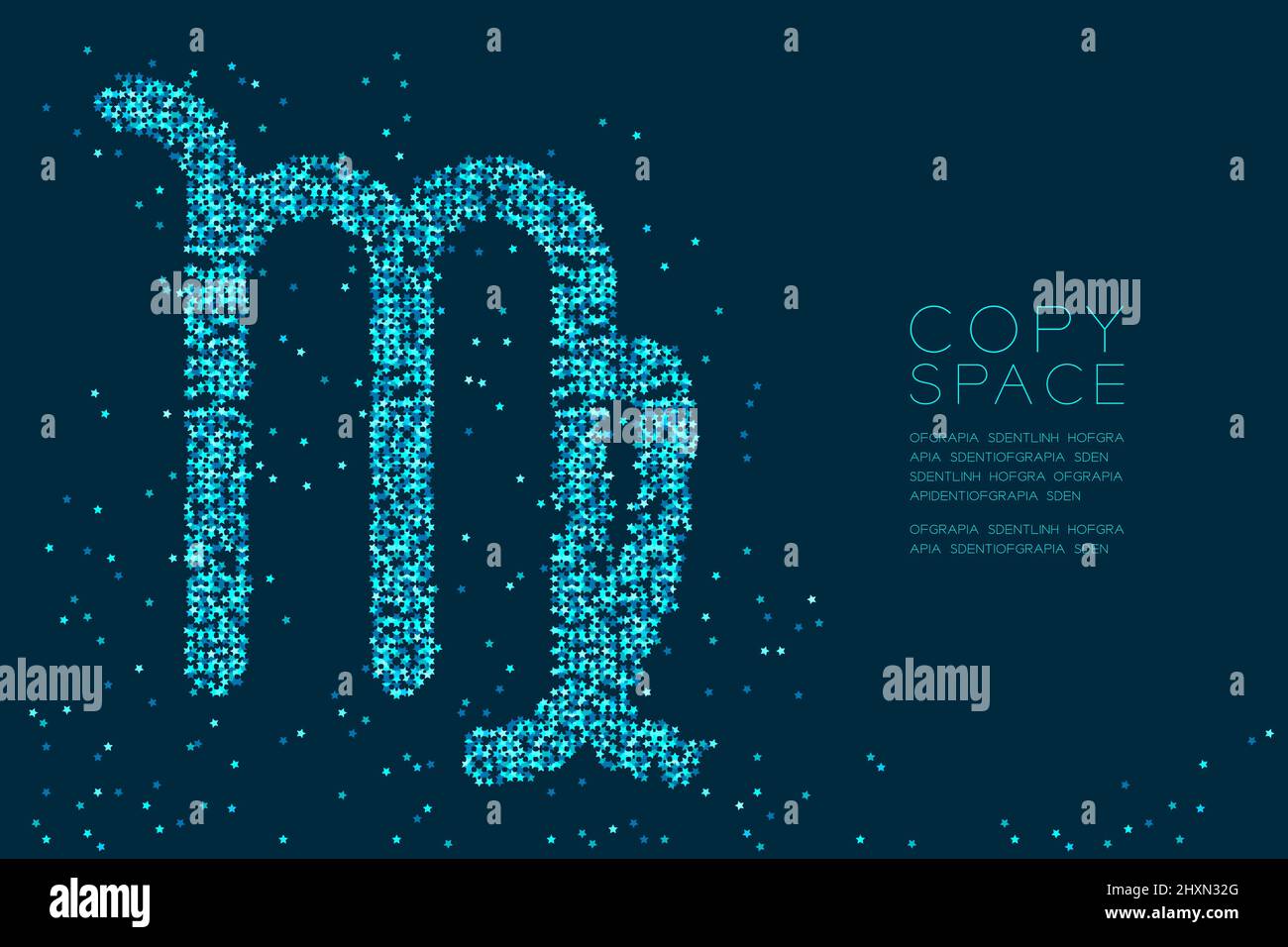 Abstrakt Sternmuster Jungfrau Sternzeichen Form, Sternbild Konzept Design blau Farbe Illustration isoliert auf dunkelblauem Hintergrund mit Kopie sp Stock Vektor
