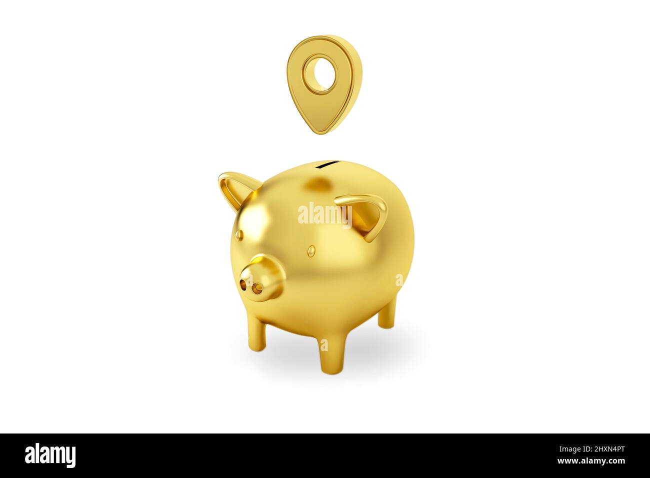 Goldenes Sparschwein mit goldenem Kartenzeiger 3D Pin. Standortsymbol auf weißem Hintergrund isoliert. 3D Rendern. Stockfoto