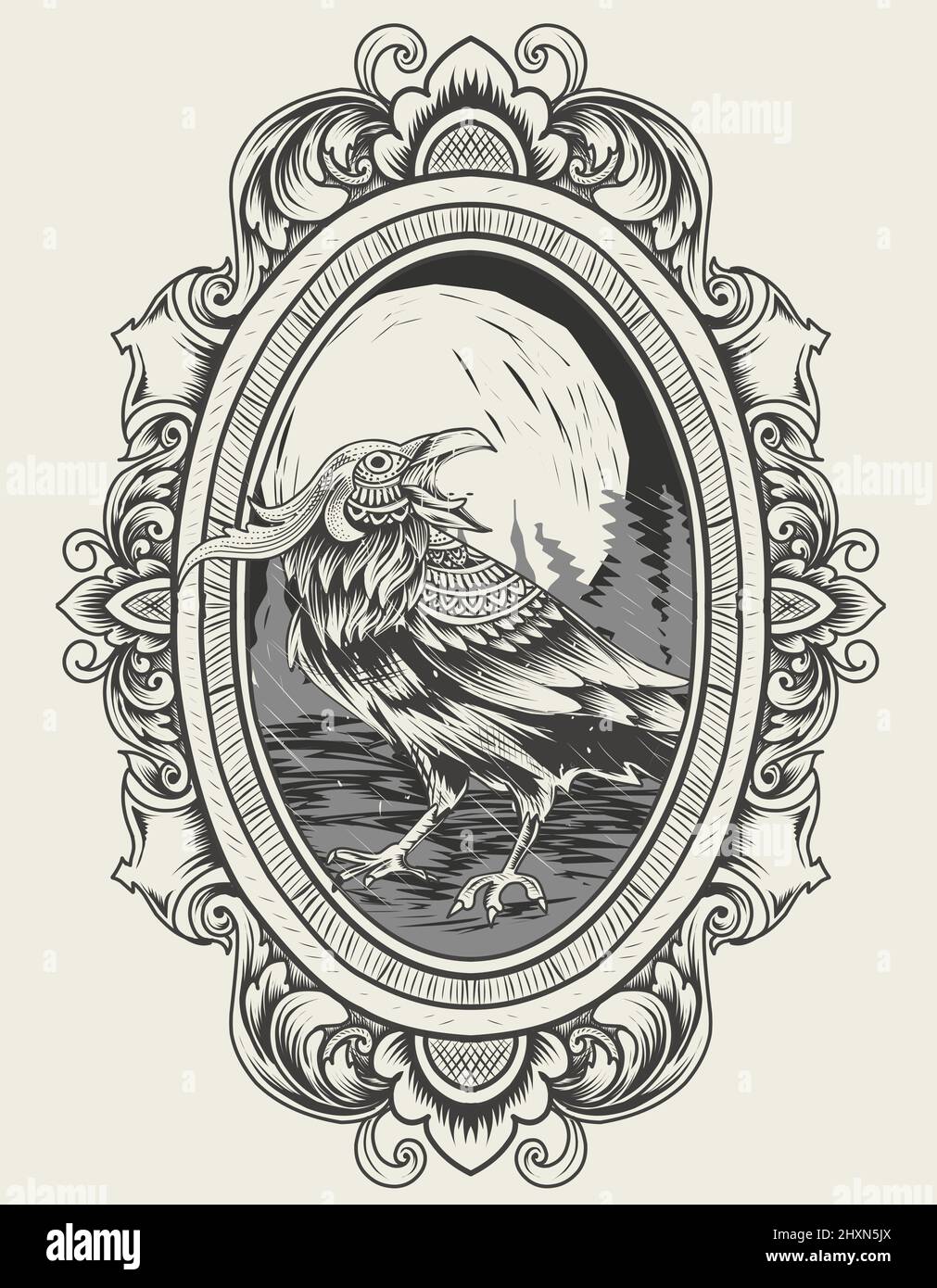 Illustration Vektor Crow Vogel mit Vintage Gravur Ornament Stock Vektor