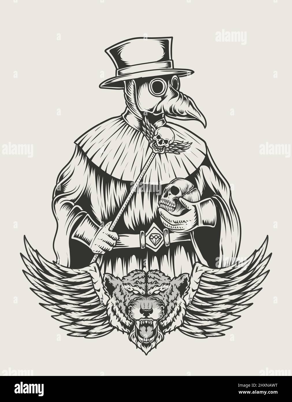 Illustration Plague Doctor monochromer Stil Stock Vektor