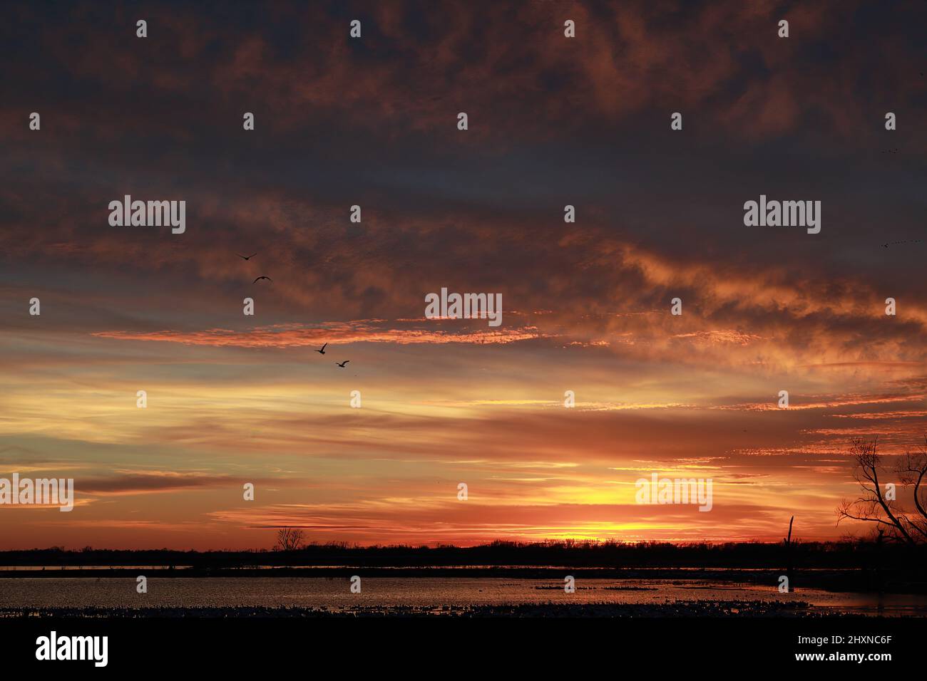 Sonnenuntergang am Loess Bluffs National Wildlife Refuge in Missouri, USA, in der Nähe von Mound City Stockfoto