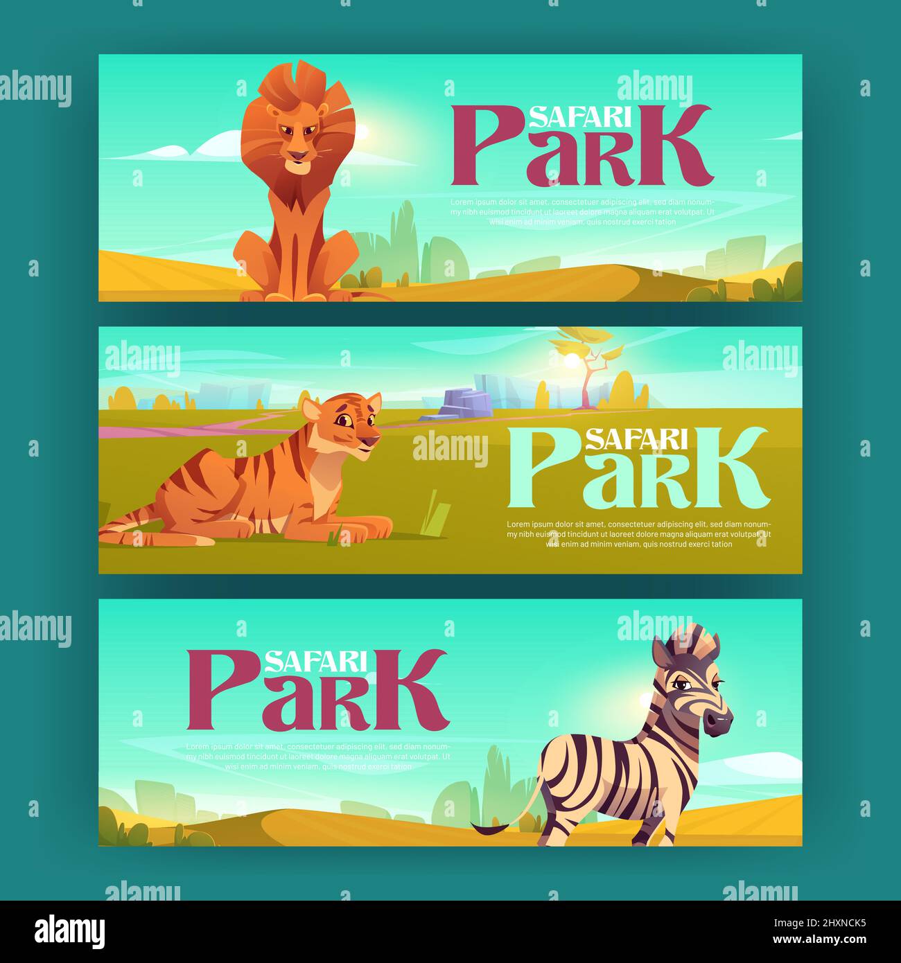 Safariparkplakate mit Zebra, Tiger und Löwe in der Savanne. Vektor-Einladung Flyer zu exotischen Tour in Savanne mit Cartoon-Illustration von afrikanischen Tieren im Naturpark Stock Vektor