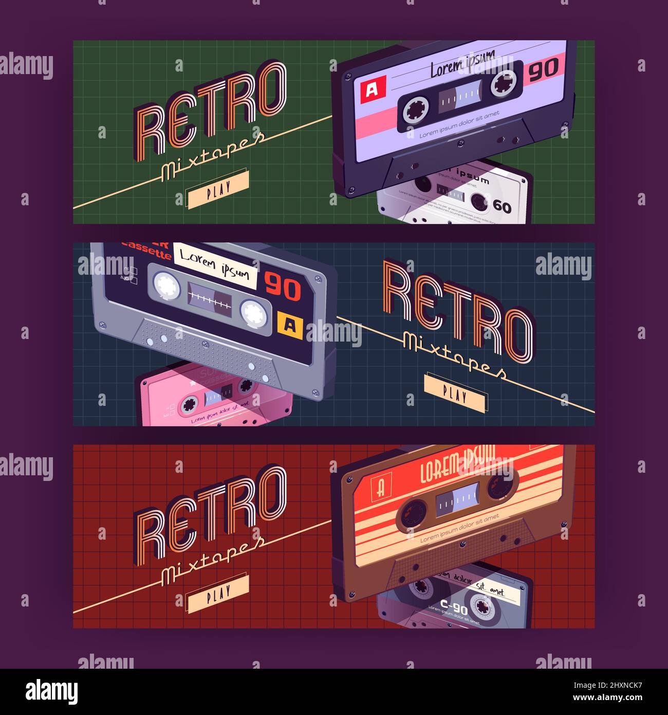 Retro-Mixtapes Cartoon-Banner mit Audiokassetten. Mischen Sie Bänder, Medienspeicher für Musik und Sound. Hintergründe mit Vintage-Stil analoge Hipster-Geräte der achtziger Jahre Kultur, Vektor-Illustration Stock Vektor