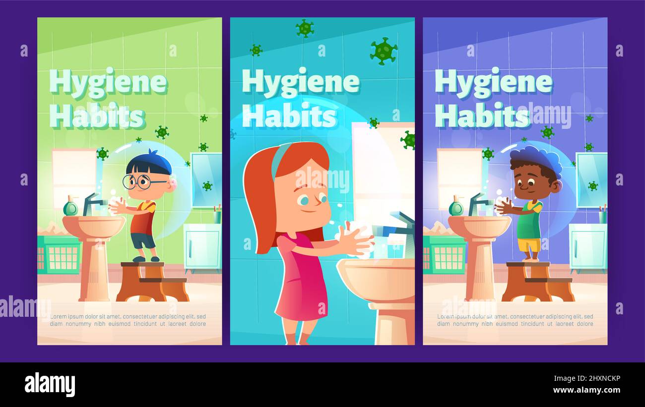 Poster zu Hygienegewohnheiten mit Kindern, die sich die Hände mit Seife waschen. Vector Banner der Gesundheitsversorgung und Prävention Infektion mit Cartoon-Illustration von Kindern waschen Hände in Waschbecken und Bakterien herumfliegen Stock Vektor