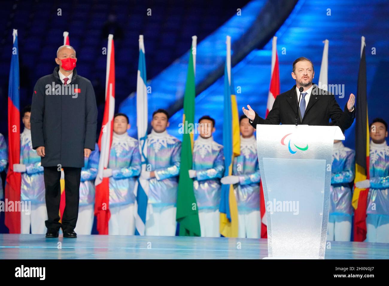 (L-R) Präsident von BOCOG Cai Qi, IPCPräsident von IPC Andrew Parsons, 13. MÄRZ 2022: Abschlusszeremonie der Paralympischen Winterspiele 2022 in Peking im Nationalstadion in Peking, China. Kredit: MA SPORT/AFLO/Alamy Live Nachrichten Stockfoto