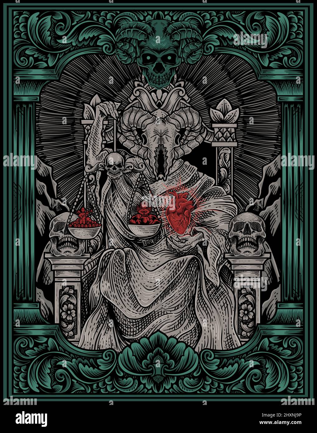 Illustration König satan auf Gothic Gravur Ornament Stil Stock Vektor