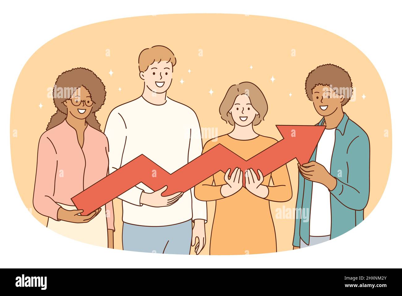 Lächelnde Menschen halten den Pfeil nach oben und zeigen die Entwicklung der Arbeit und den gemeinsamen Erfolg. Glückliche, multirassische Mitarbeiter haben ein gutes Ergebnis oder Teamwork zu bekrampfen. Collaboration-Konzept. Vektorgrafik. Stock Vektor