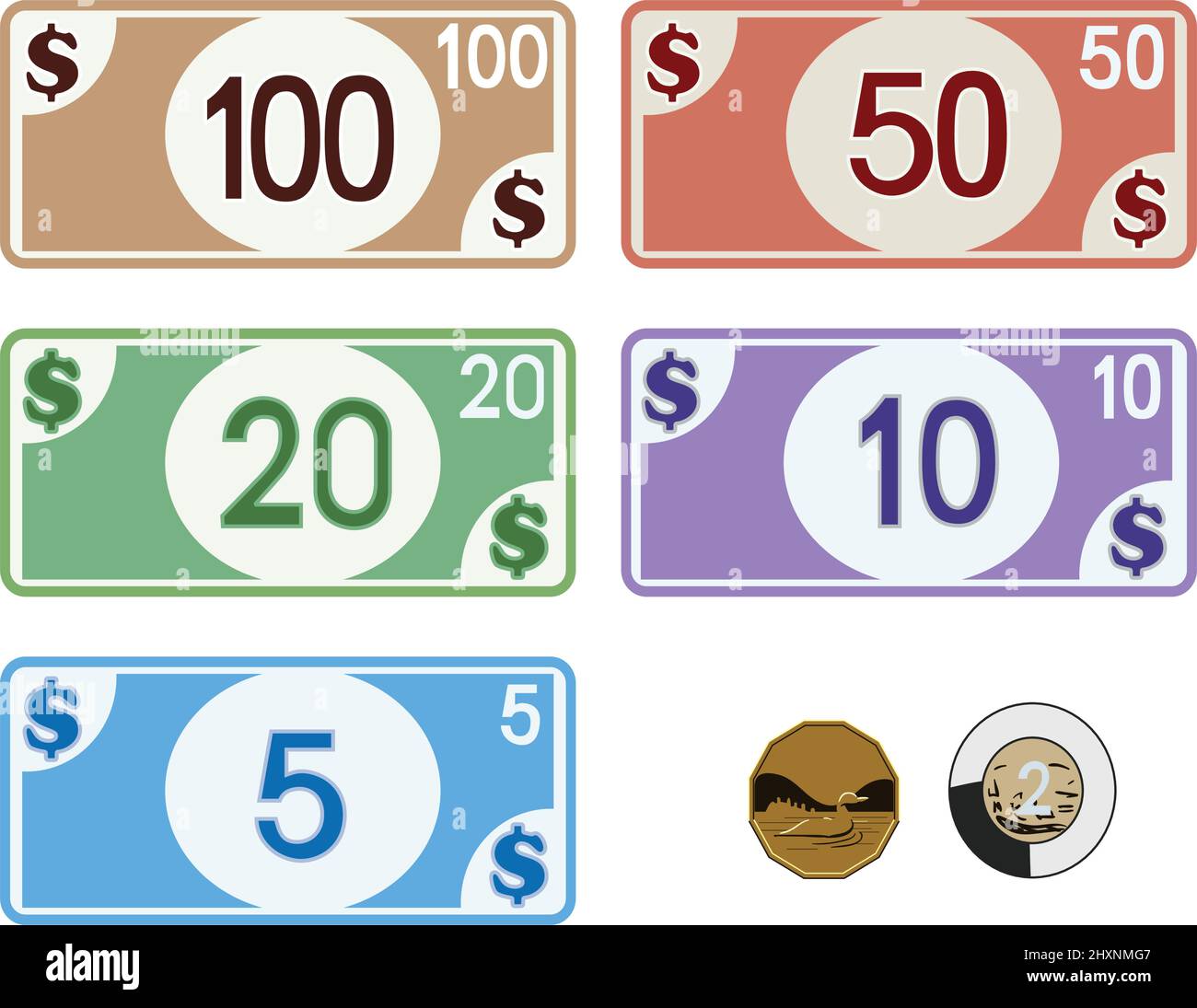 American Oney, Bills 5, 10, 20, 50 & 100, Münzen 1 & 2 Dollar. Grafische Farbwiedergabe Stock Vektor