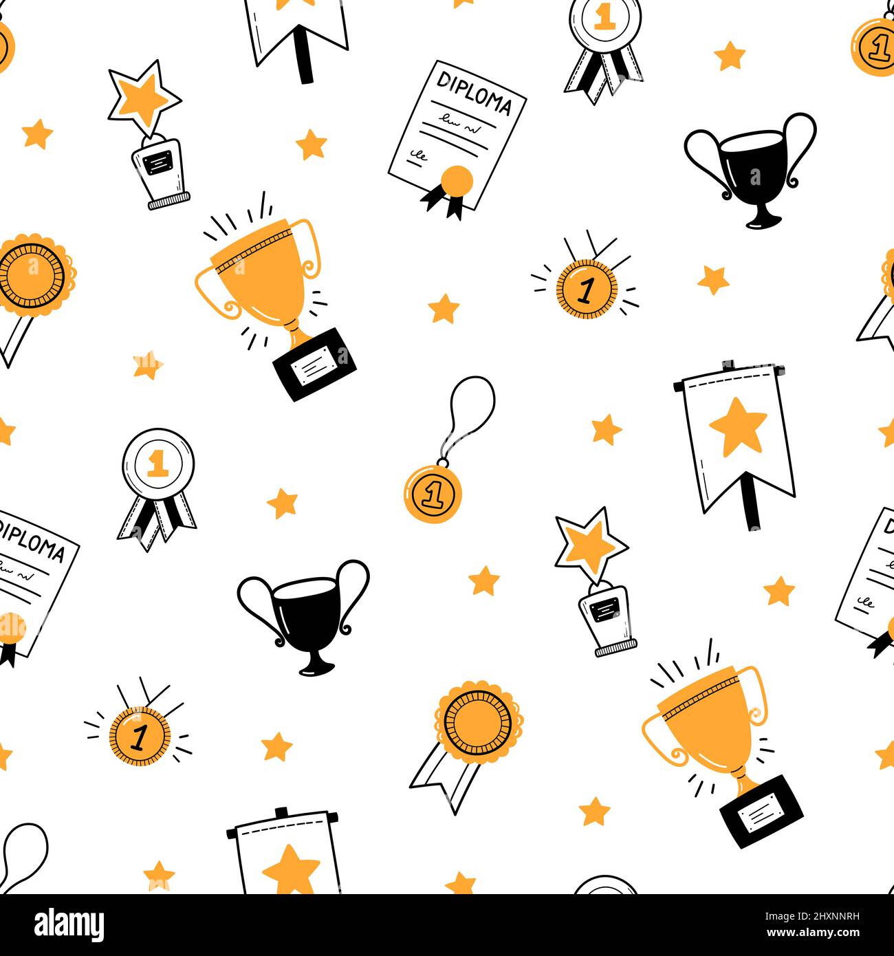 Nahtloses Muster mit Auszeichnungen, Pokalpokalen und Medaillen auf dem ersten Platz. Gewinner-Konzept. Doodle Goldmedaille und Champion Trophäenbecher. Handgezeichnete Symbole für Auszeichnungen Stock Vektor