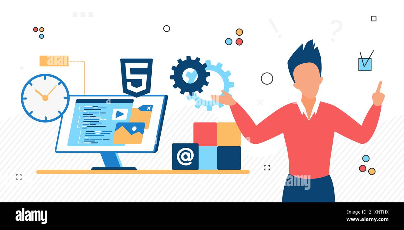 Website-Entwicklungsprozess, Schreiben von Code im Web-Studio, Online-Geschäft. Programmierer arbeitet an Internet-Projekt, Vektor-Illustration Stock Vektor