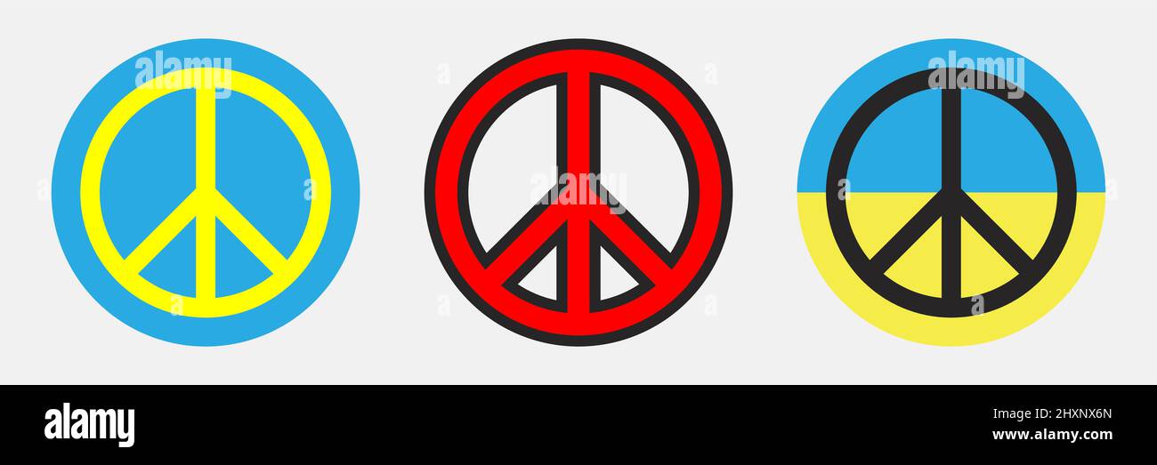 Symbole des Friedens und stoppen den Krieg in der Ukraine. Pazifismus runde Embleme. Zeichen für ...
