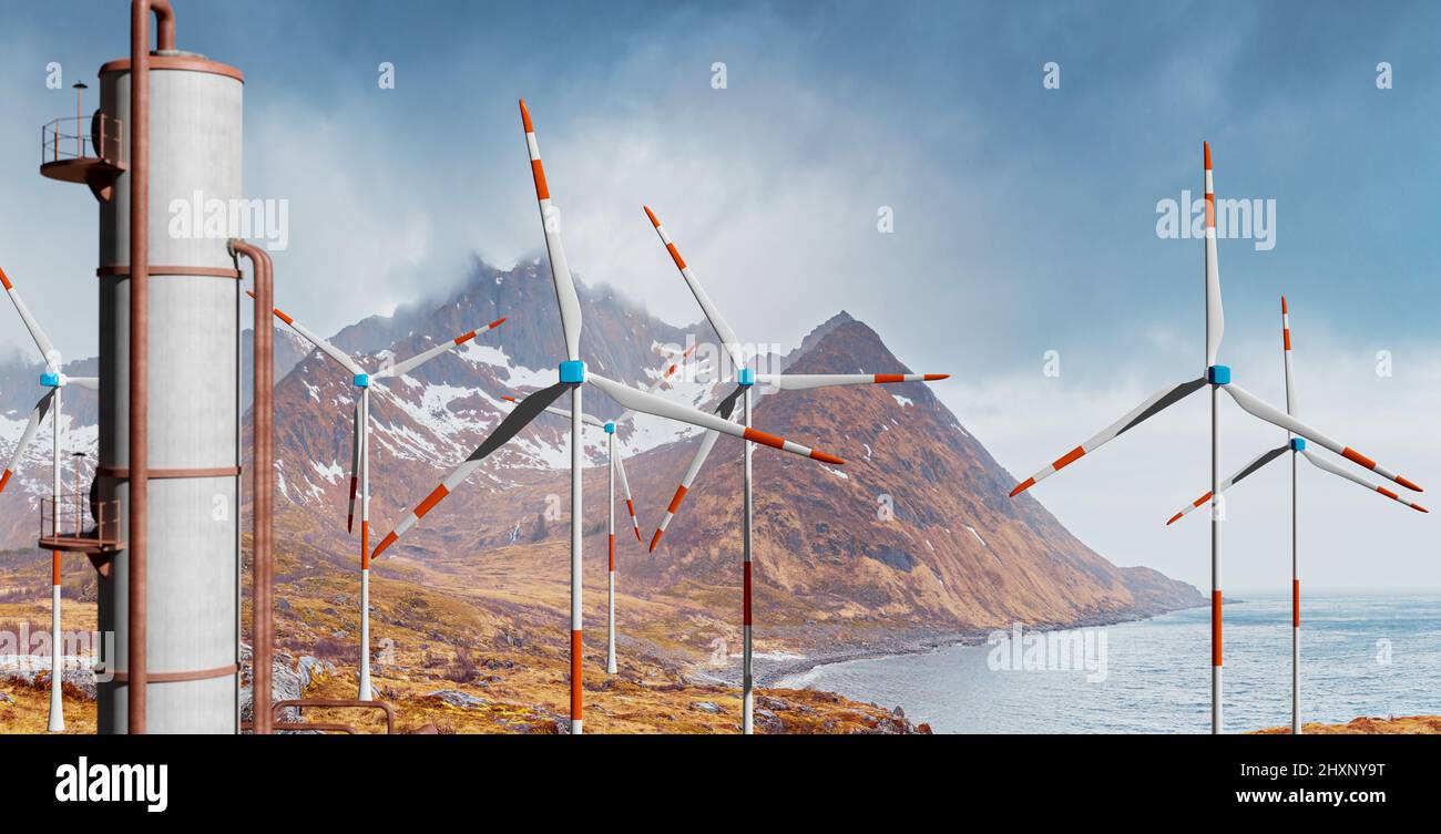 Symbolisches Bild für neue Technologie im Vergleich zu alter Technologie. Eine moderne Windkraftanlage mit Batteriespeicher in der wilden Natur, 3D Abbildung Stockfoto