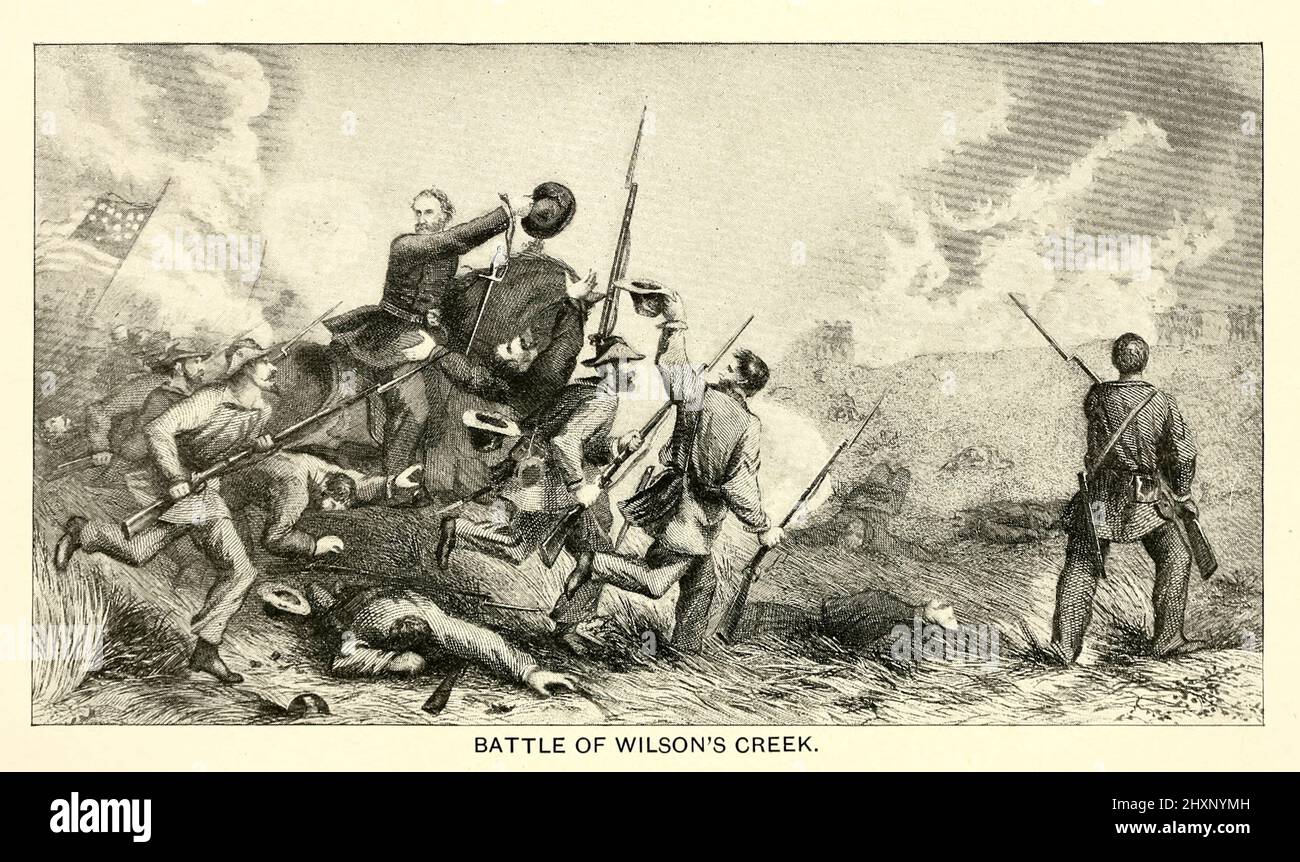 Schlacht am Wilson's Creek die Schlacht am Wilson's Creek, auch bekannt als die Schlacht von Oak Hills, war die erste große Schlacht des Trans-Mississippi Theaters des amerikanischen Bürgerkrieges. Es wurde am 10. August 1861 in der Nähe von Springfield, Missouri, gekämpft. Missouri war offiziell ein neutraler Staat, aber sein Gouverneur, Claiborne Fox Jackson, unterstützte den Süden und arbeitete heimlich mit konföderierten Truppen zusammen. Eine Geschichte der Arbeit der katholischen Schwesternschaften im späten Bürgerkrieg " von George Barton, Veröffentlicht 1898 in Philadelphia, Pennsylvania, von der Katholischen Kunst Publis Stockfoto