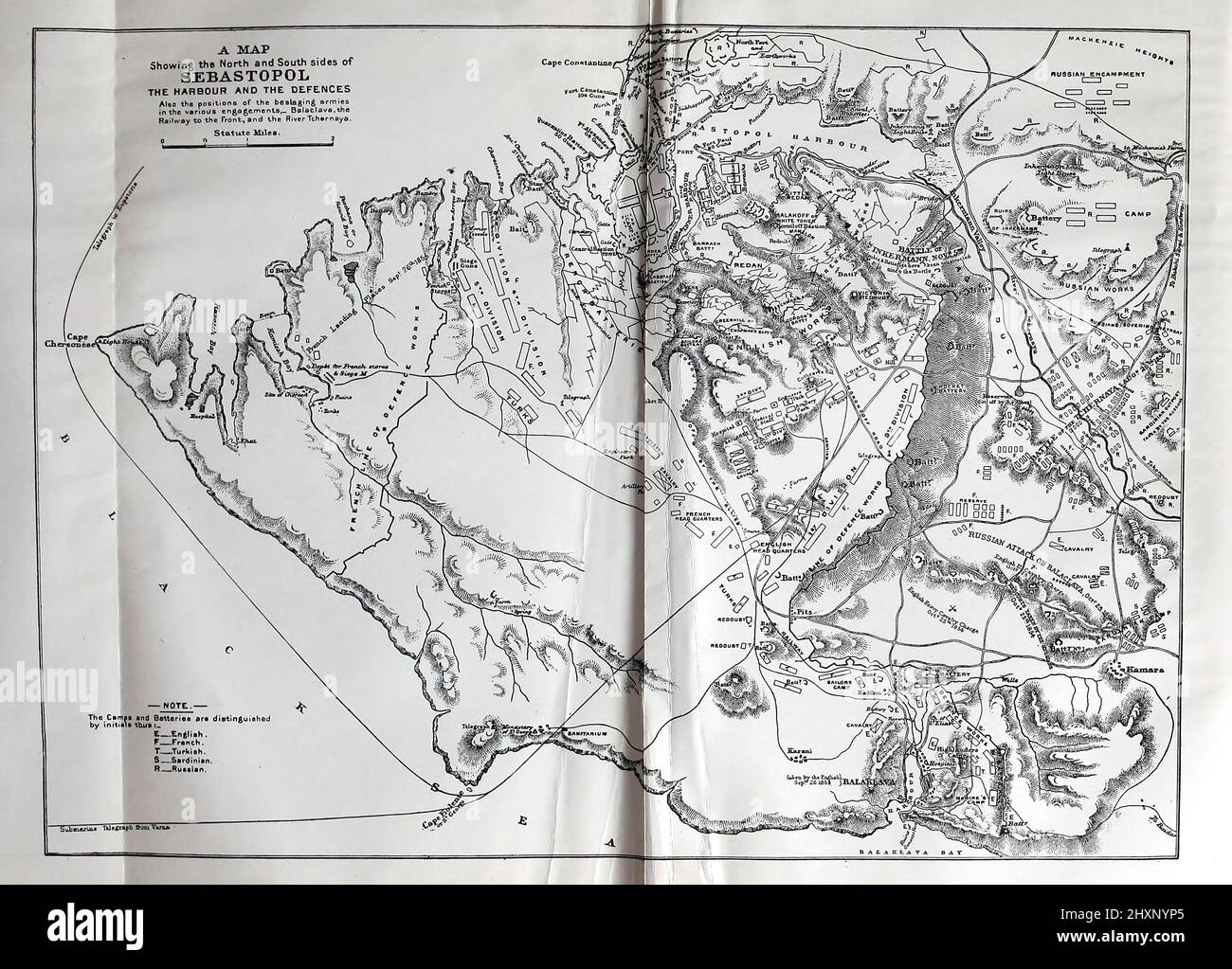 Karte zeigt die Nord- und Südseite von Sebastopol aus dem Buch "Erinnerungen an den Krimkrieg, Januar 1855 bis Juni 1856" von Douglas Arthur Reid Erscheinungsdatum 1911 Herausgeber/Verlag St. Catherine Press London. Stockfoto