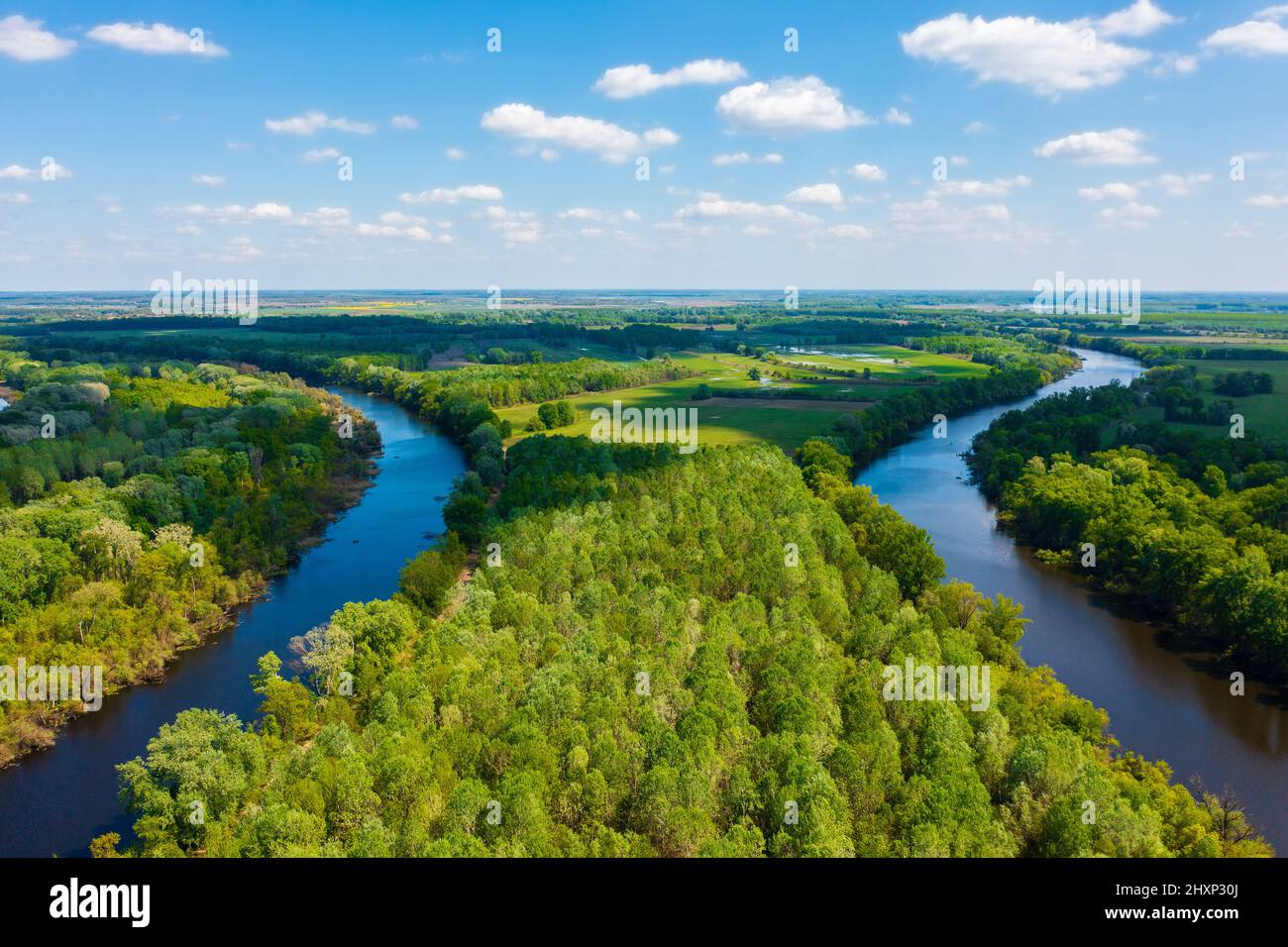 Luftbild über das berühmte Rückwasser der Theiß, neben Toserdo. Der ungarische Name ist Lakiteleki-holt-Tisza. Stockfoto