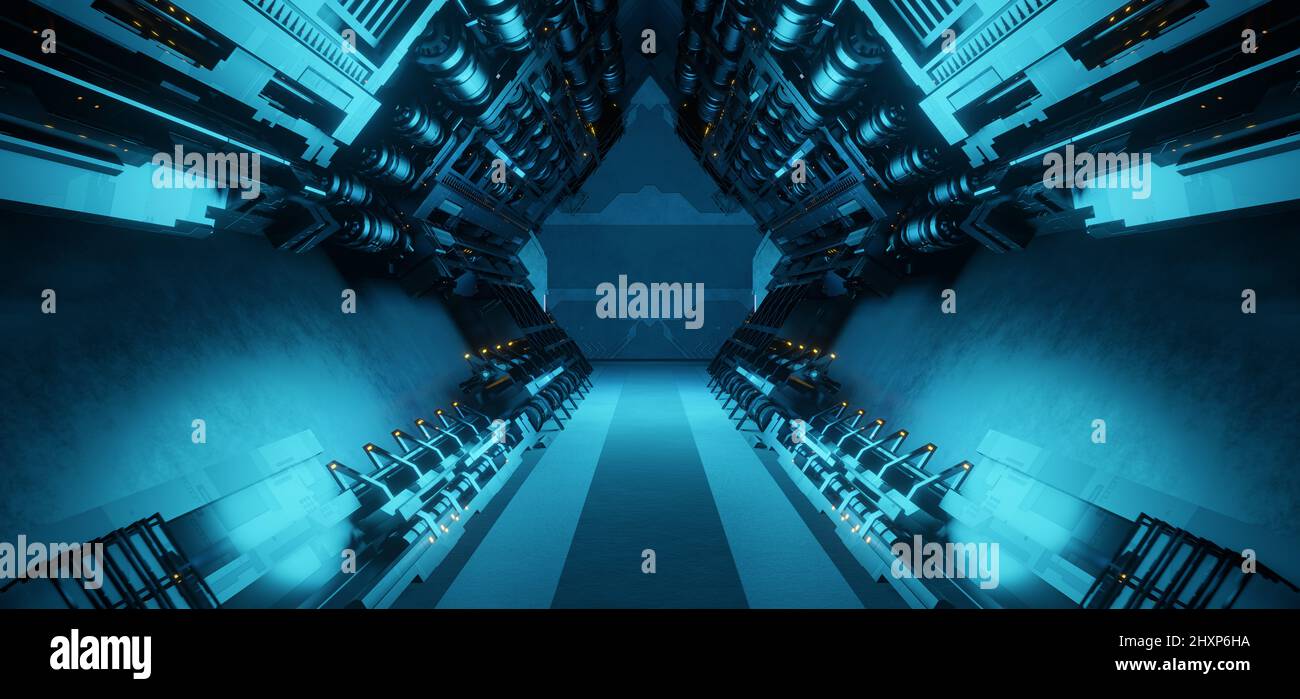 Modern Futuristic CyberSteampunk Cyber Virtual Reality Futuristic Industrial Room Club Neon Deep Blue Green Colors Industrial Lab 3D Illustration Stockfoto