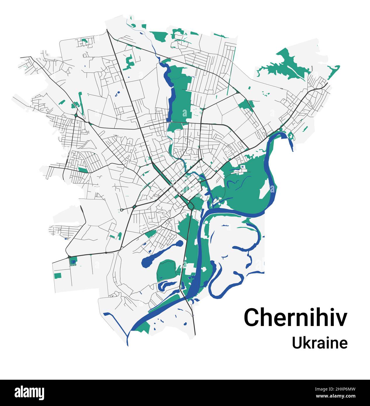 Vektorkarte Tschernihiv. Detaillierte Karte des Verwaltungsgebiets der Stadt Tschernihiw. Stadtbild-Panorama. Lizenzfreie Vektorgrafik. Straßenkarte mit Autobahnen Stock Vektor