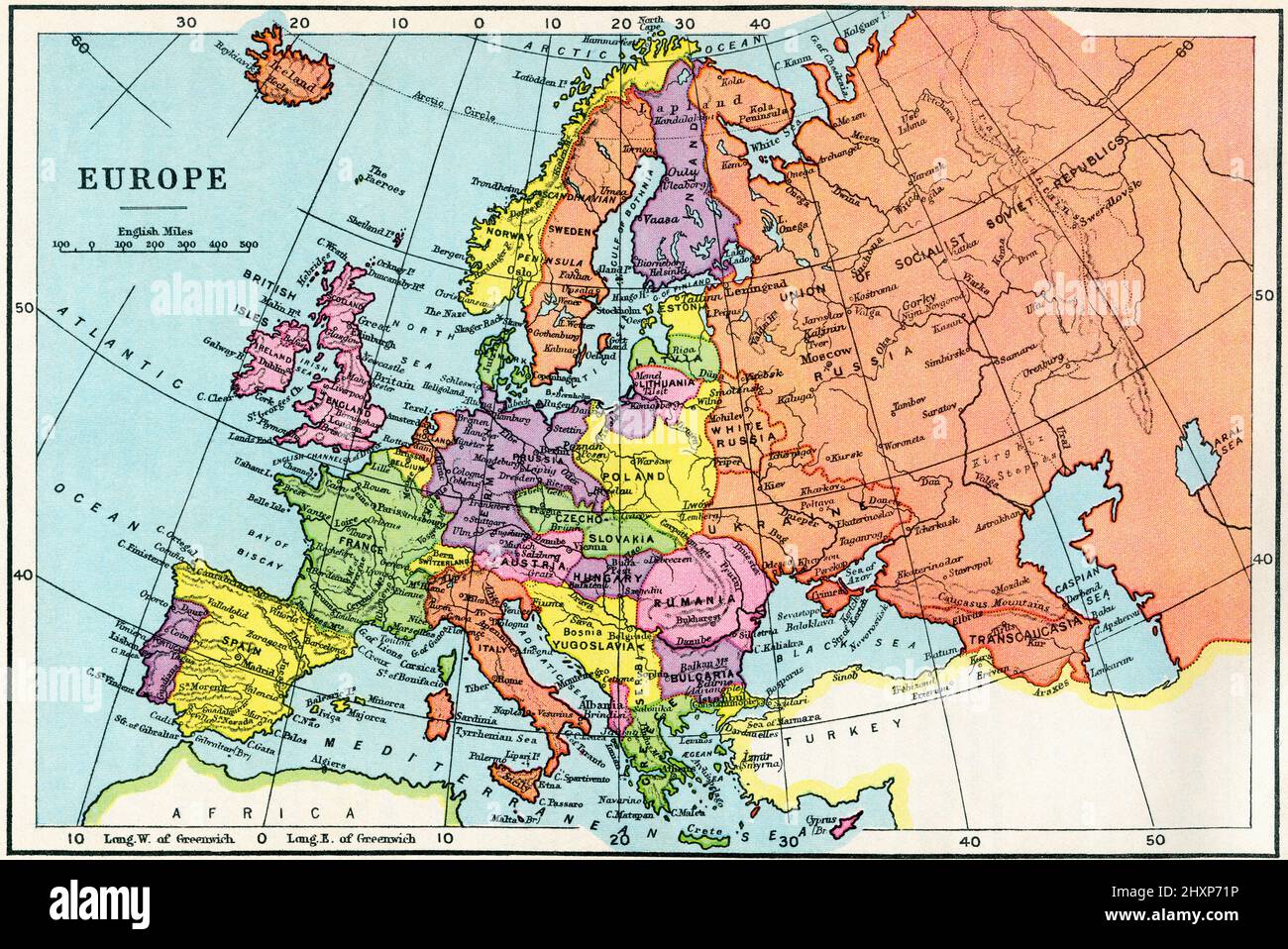 Karte von Europa in den 1930er Jahren. Aus dem Wunderland des Wissens, erschienen um 1930 Stockfoto