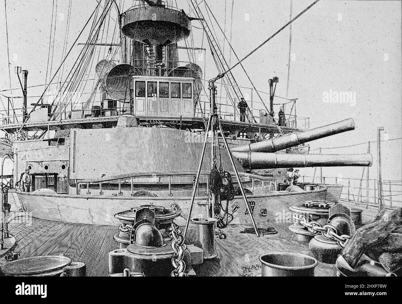 Die Vorwärtsbarbette von HMS Barfleur. Schwarz-Weiß-Illustration um 1890s Stockfoto