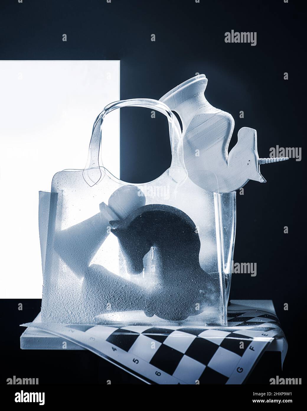 Schachkonzept, riesige Schachfiguren in einer transparenten Tasche, kontrastreiche schwarz-weiße Stillleben Stockfoto